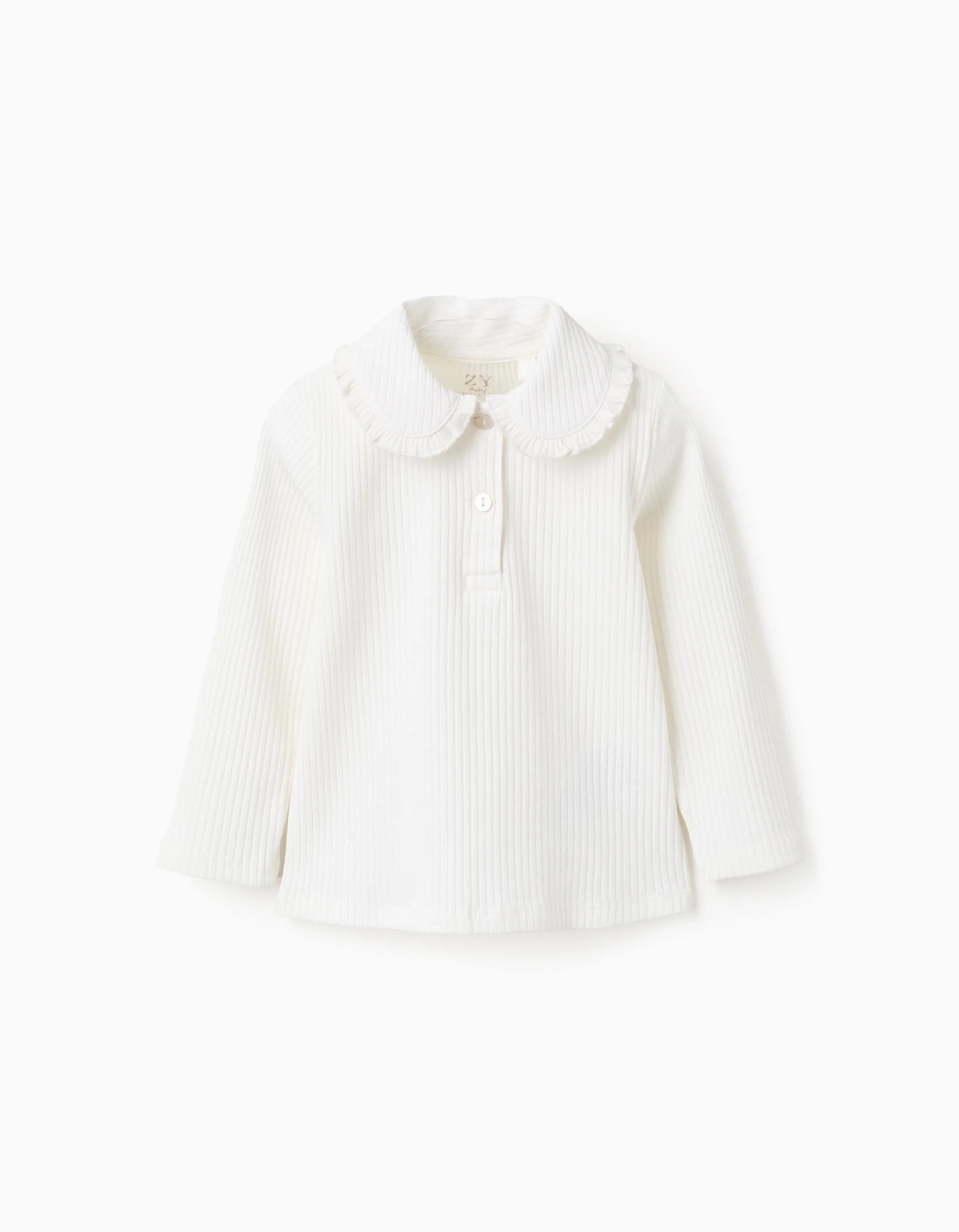 Ribbed T-shirt with Peter Pan Collar and Buttons for Baby Girls, Beige