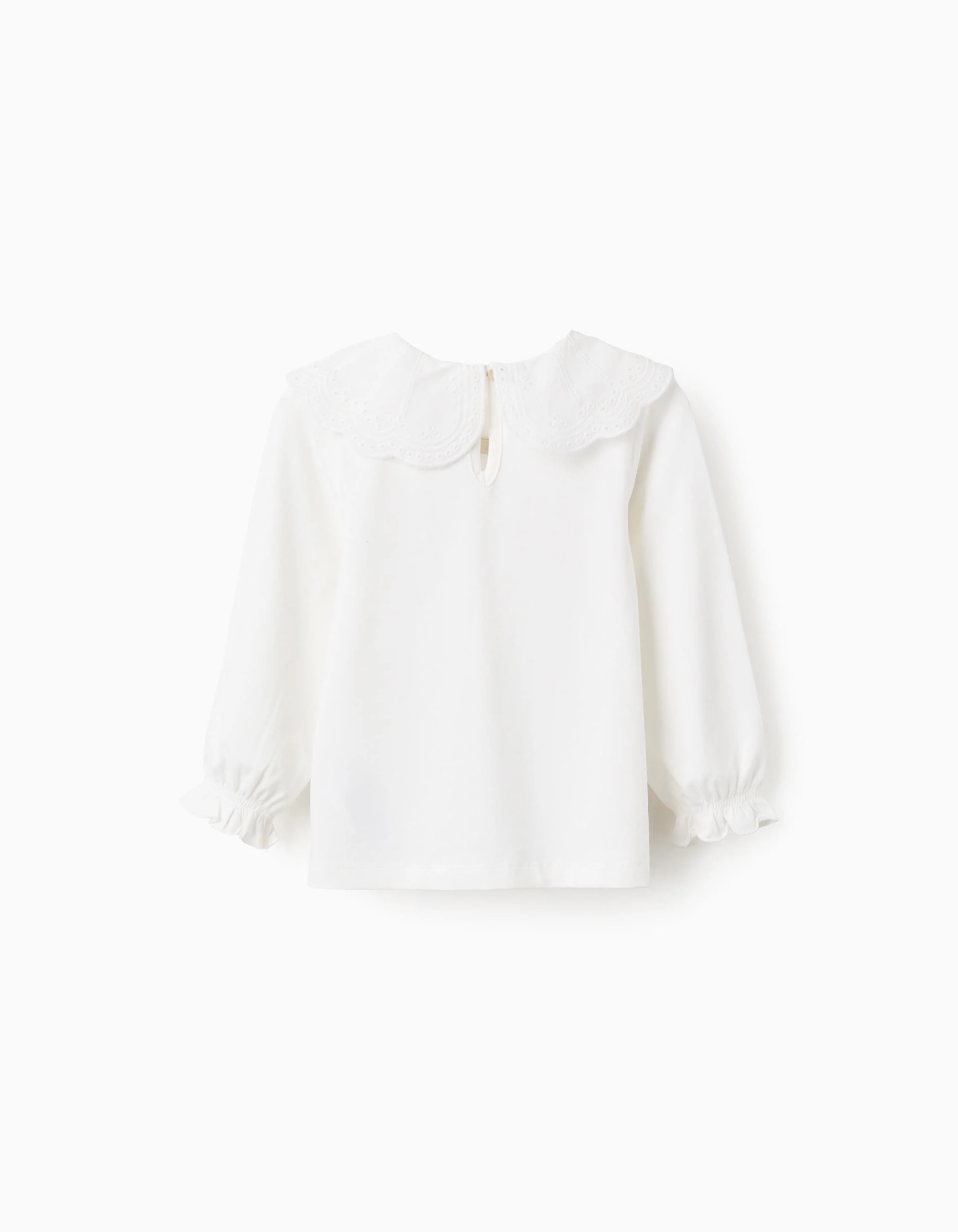 T-shirt with Broderie Anglaise Collar and Ruffles for Baby Girls, White