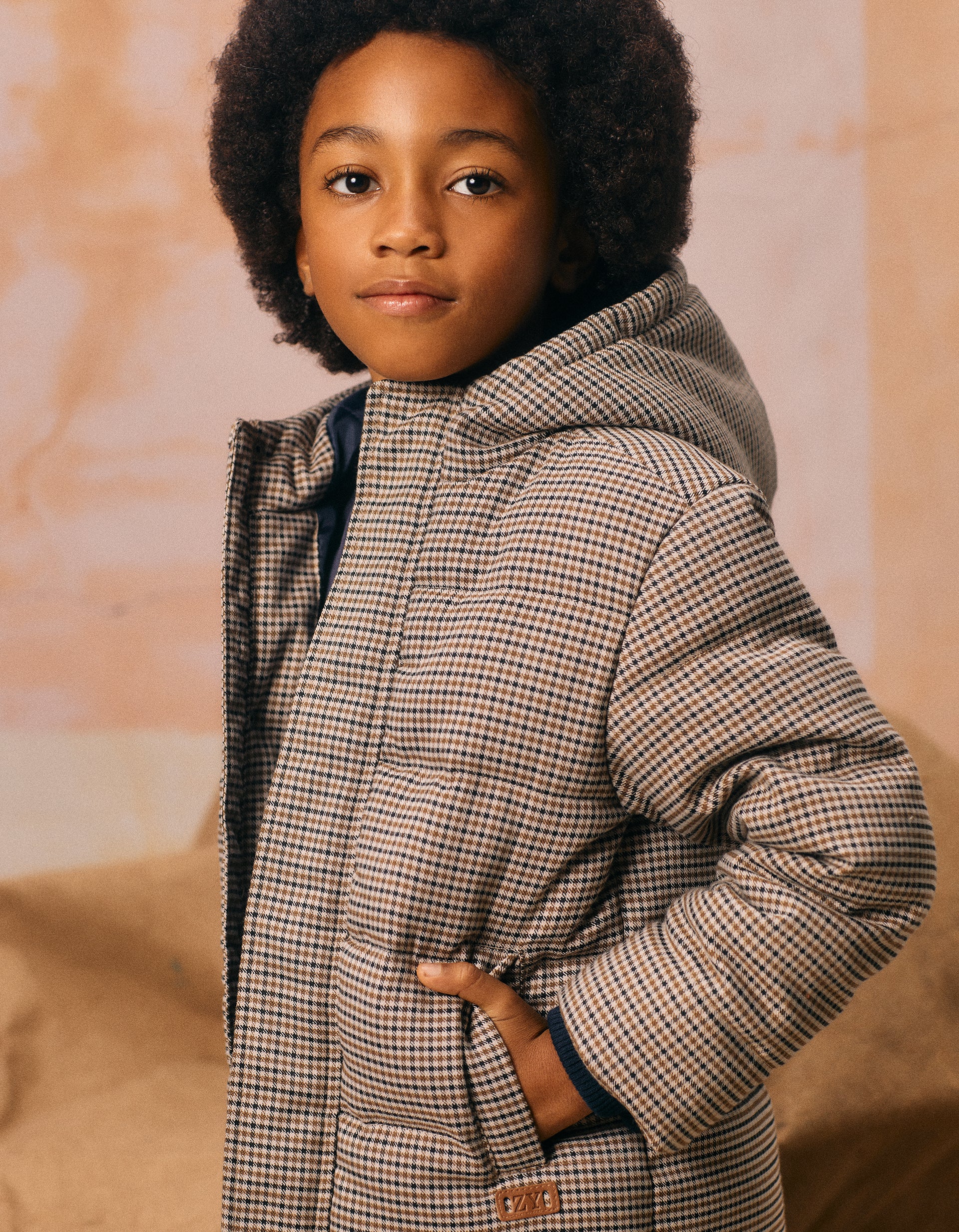 Pied de Poule Padded Jacket for Boys, Brown