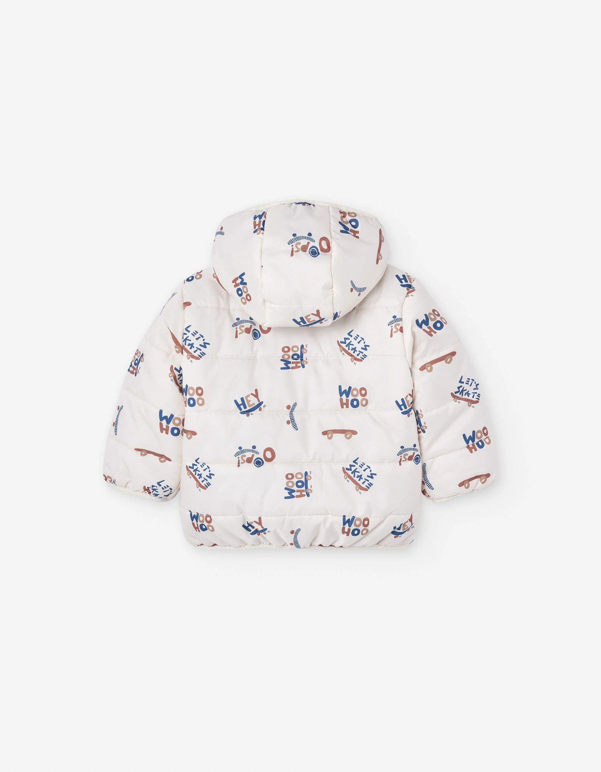 Hooded puffer jacket with skateboard motif for baby boys, white