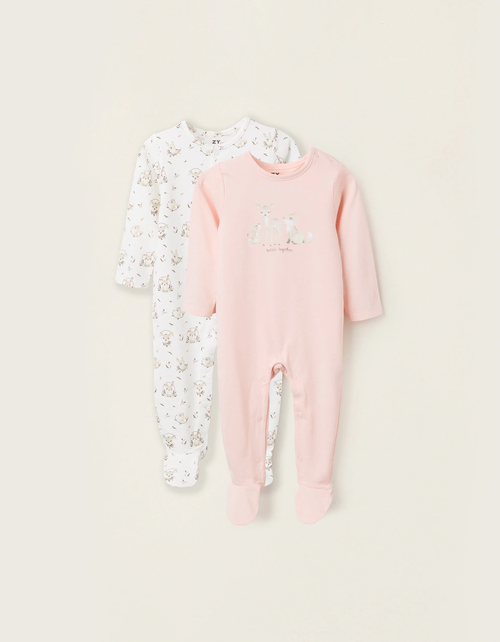 Pack of 2 Cotton Sleepsuits for Baby Girls 'Forest', White/Pink