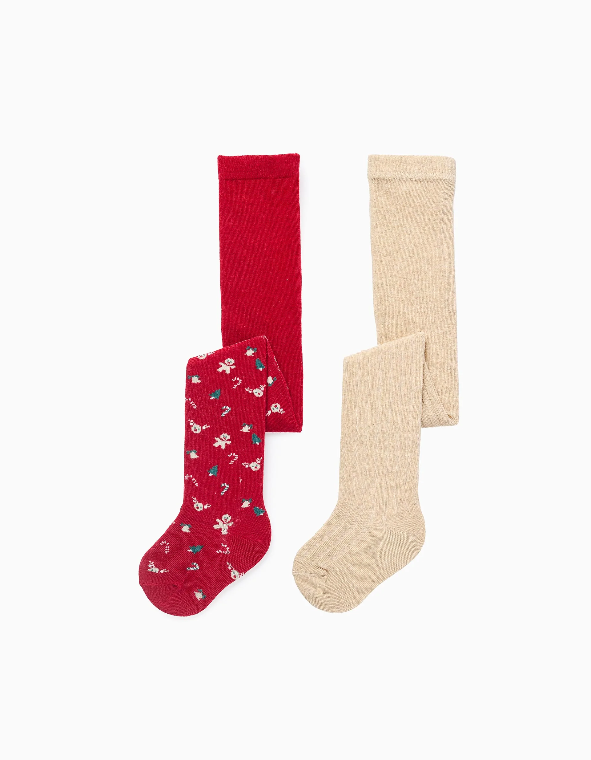 Pack of 2 tights ribbed/with motif for baby girls, beige/red