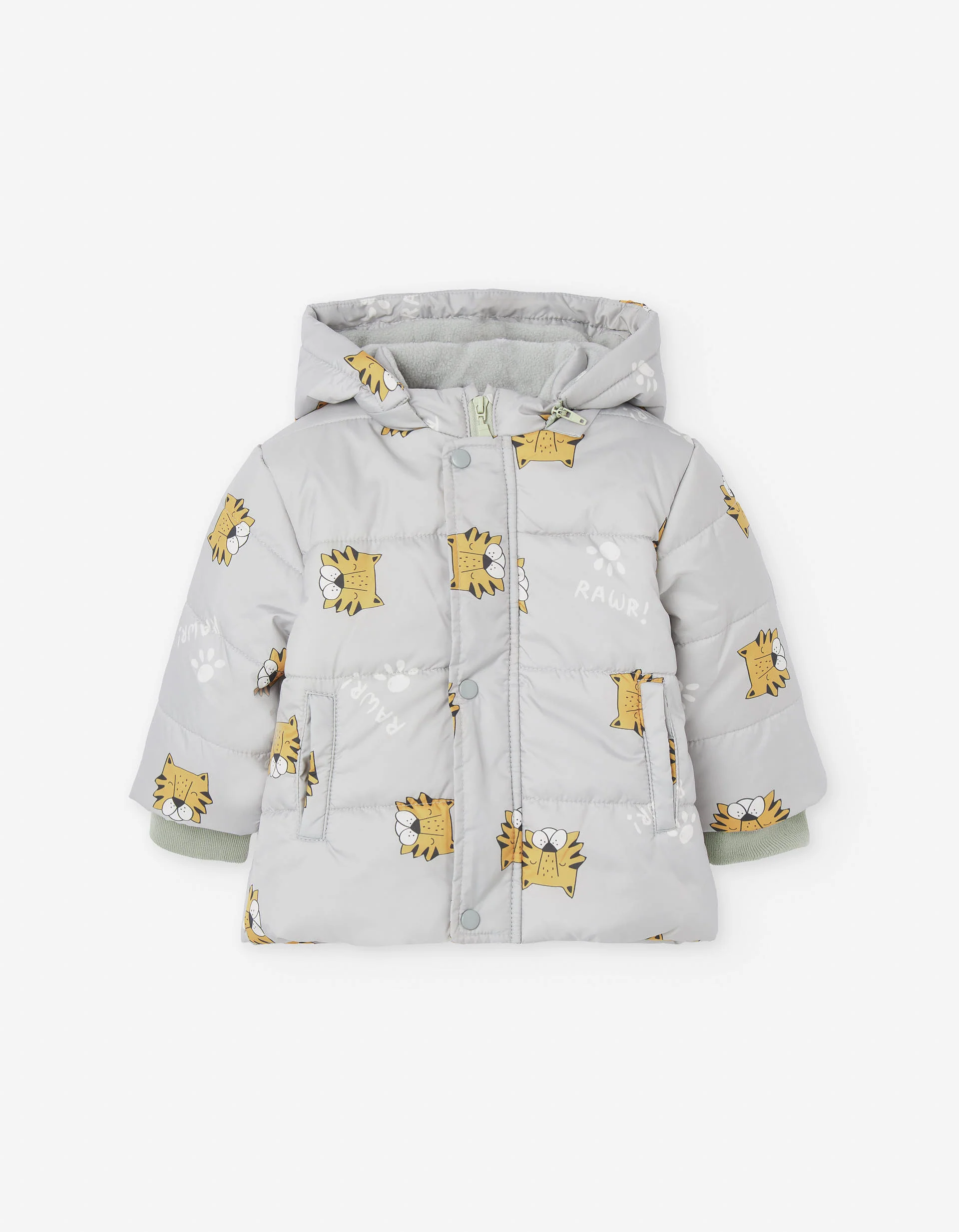 Hooded puffer jacket with fleece lining and motif for baby boys, grey