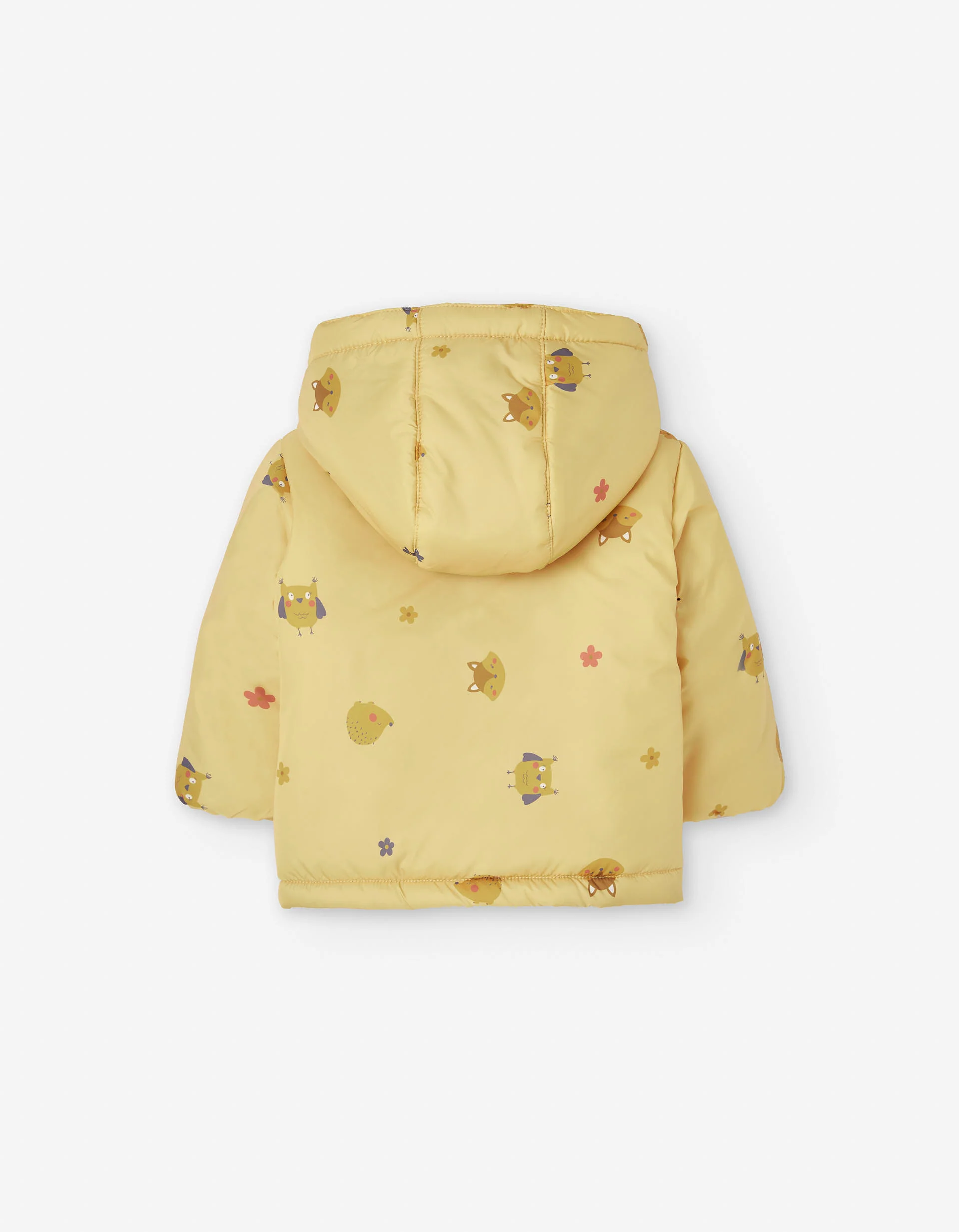 Hooded puffer jacket with fleece lining and motif for baby girls, yellow