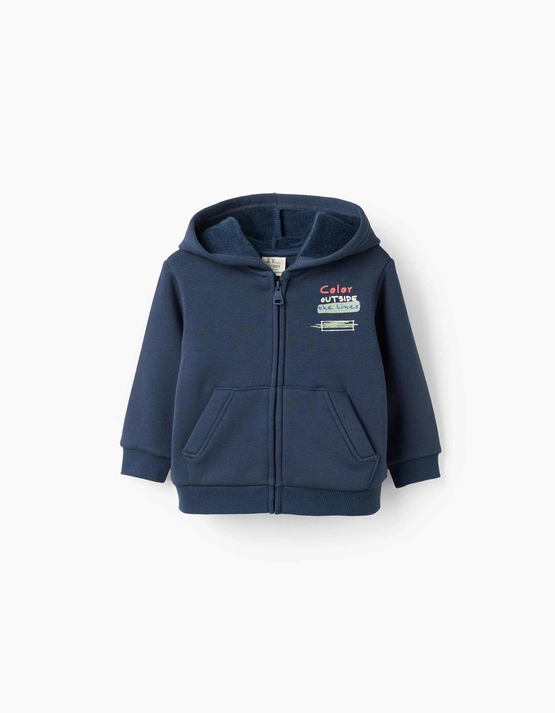 Brushed hooded jacket with chest print for baby boys, dark blue