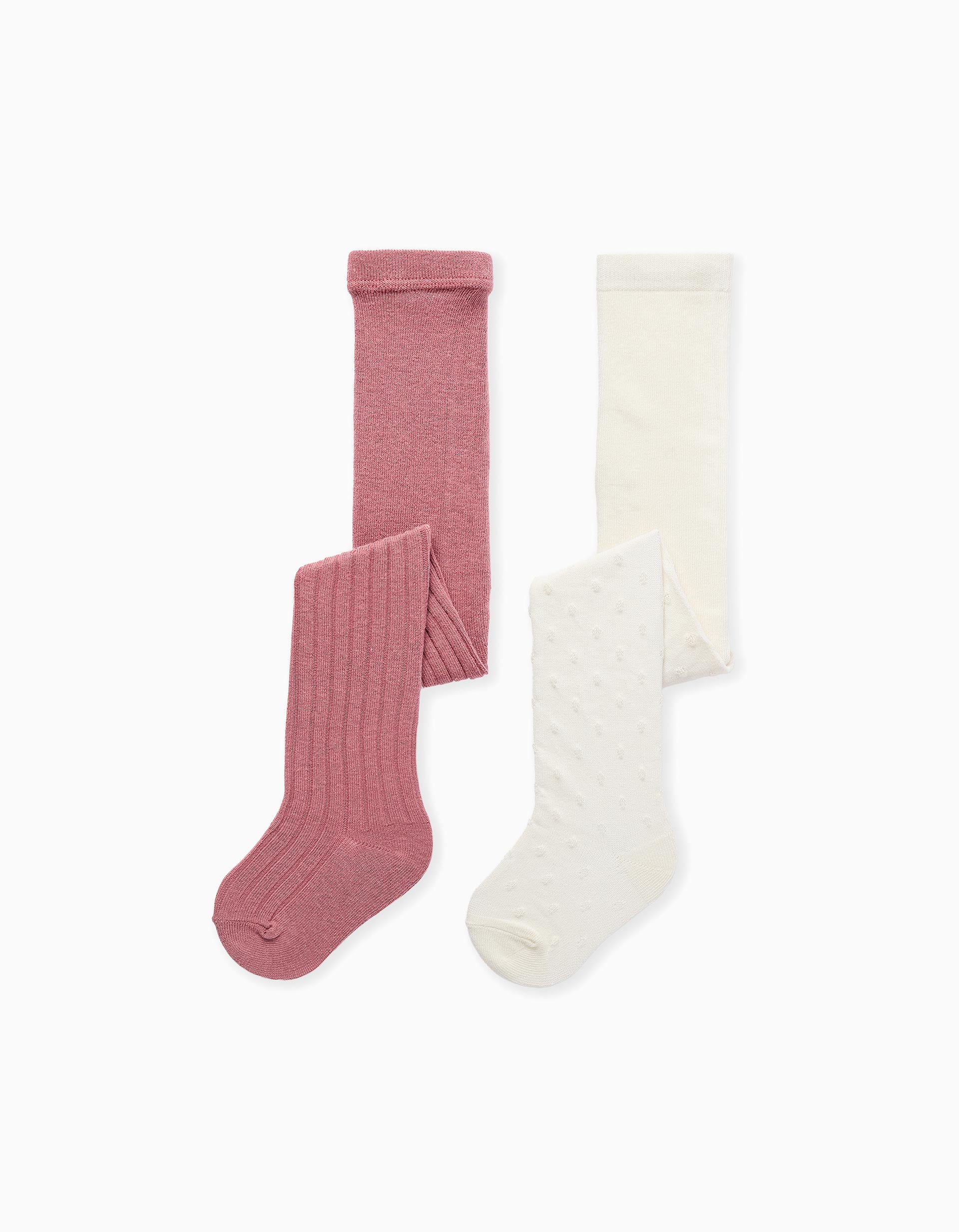 Pack of 2 pairs of ribbed/jacquard tights for baby girls, white/pink