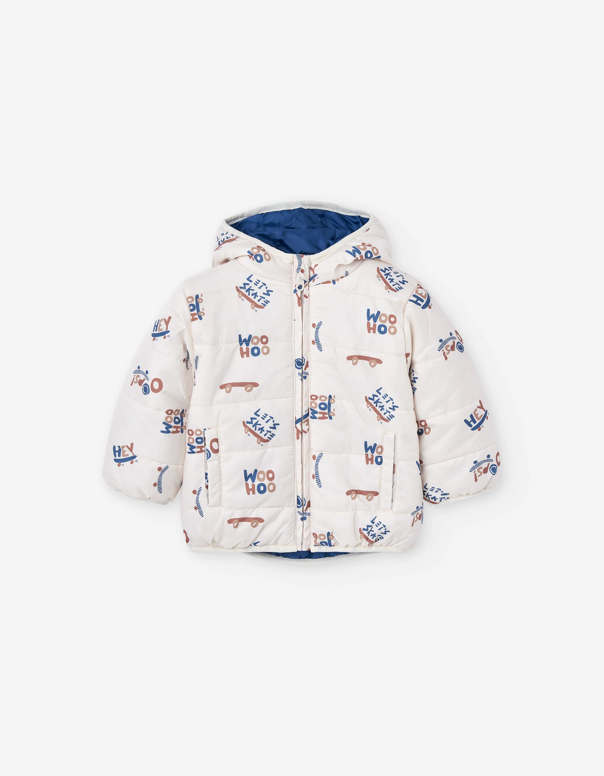 Hooded puffer jacket with skateboard motif for baby boys, white