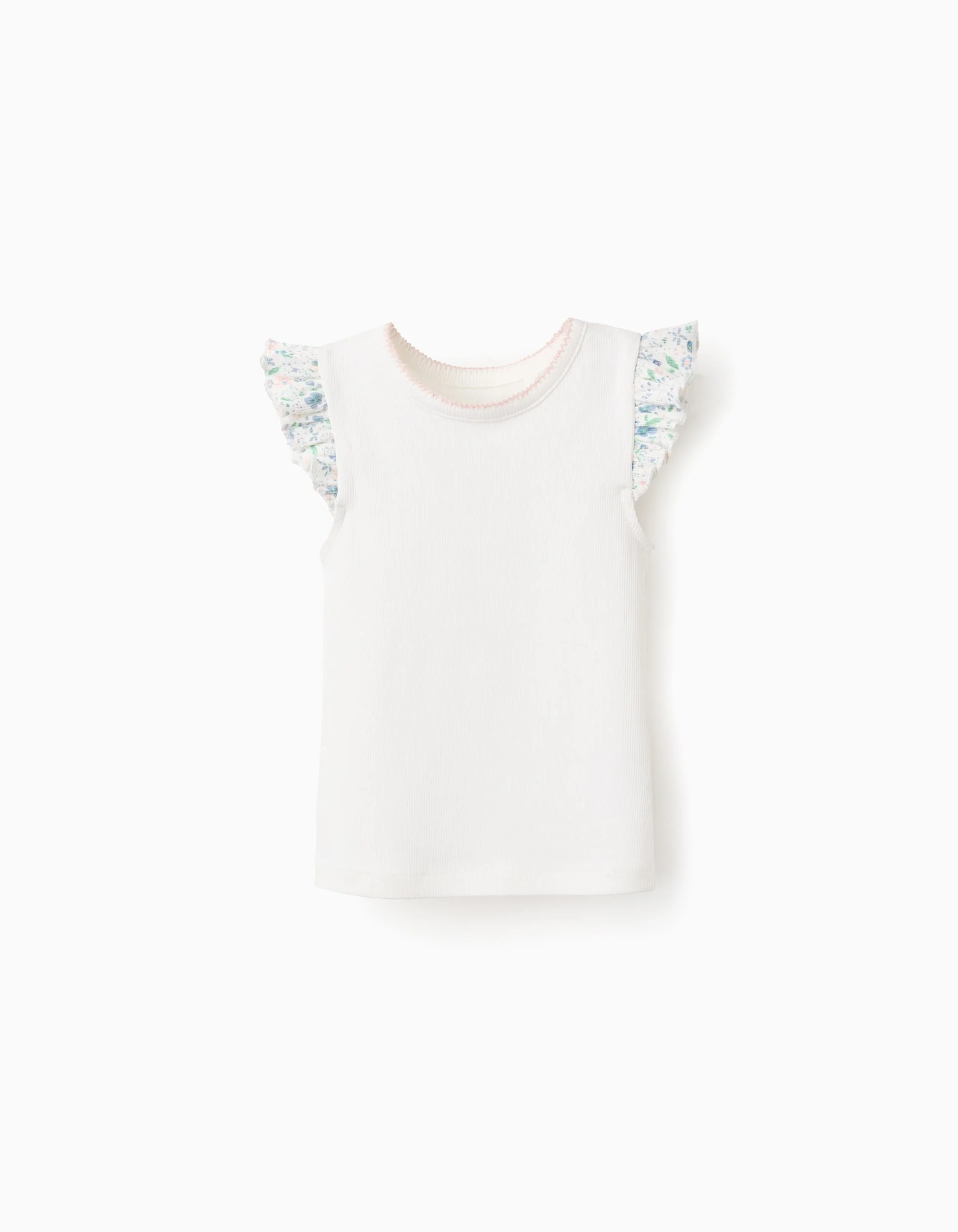 Ribbed T-shirt with Floral Ruffles for Baby Girls, white