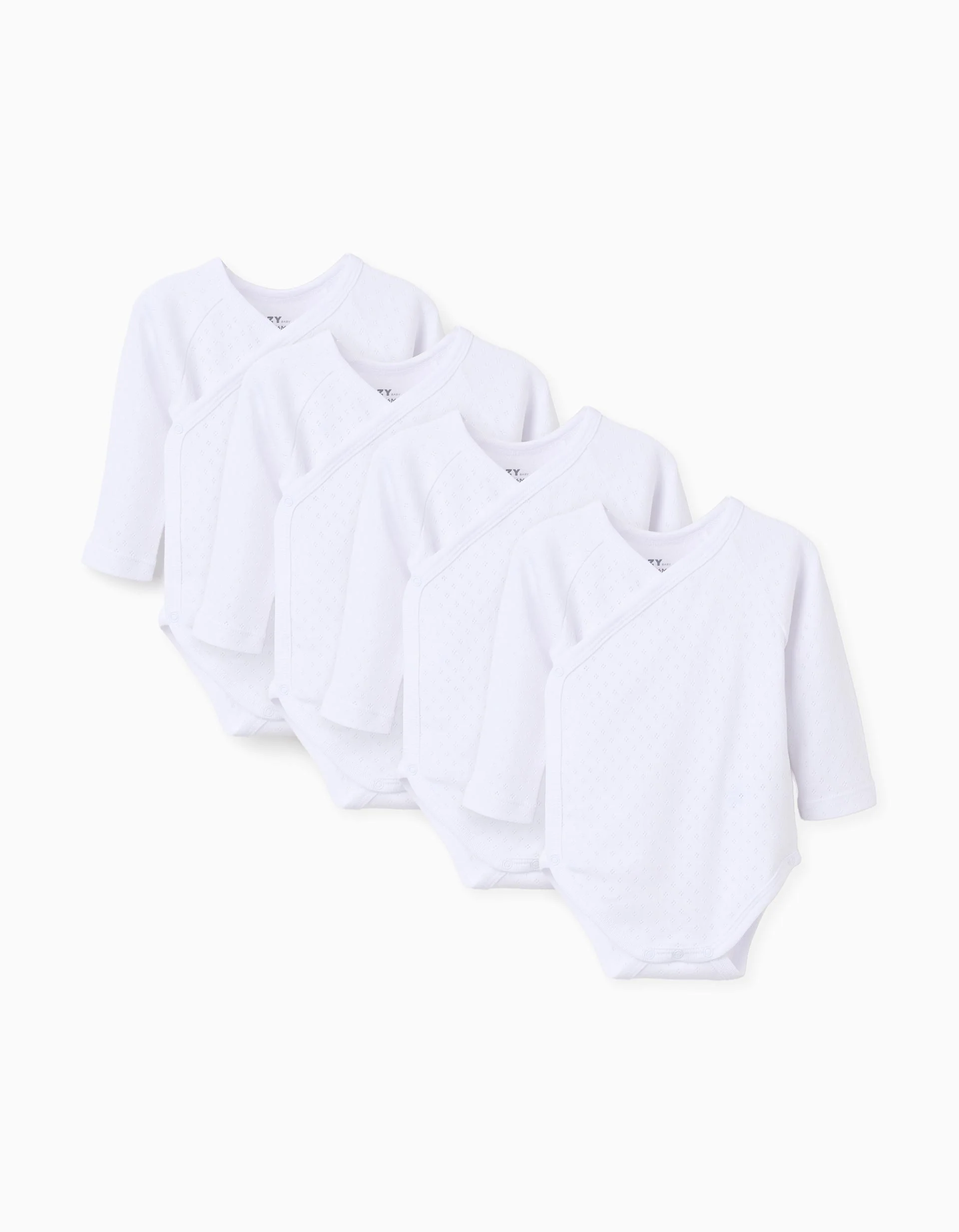 Pack of 4 wrapover bodysuits in pointelle for newborns and babies, white