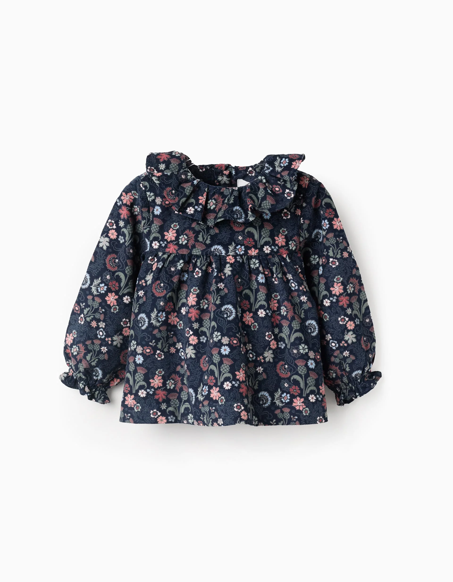 Floral Corduroy Blouse for Baby Girls, Dark Blue