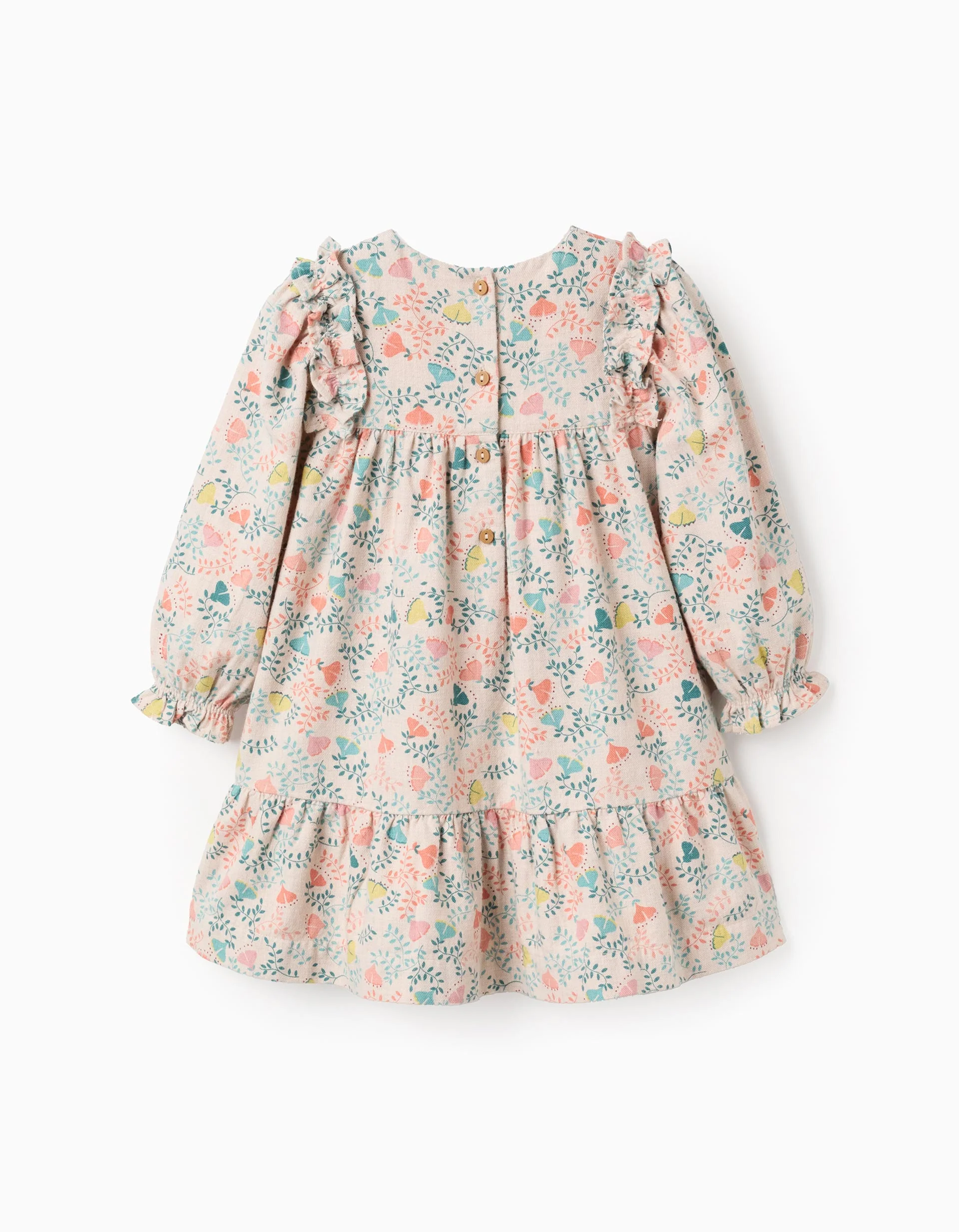 Colourful Floral Twill Dress for Baby Girls, Beige