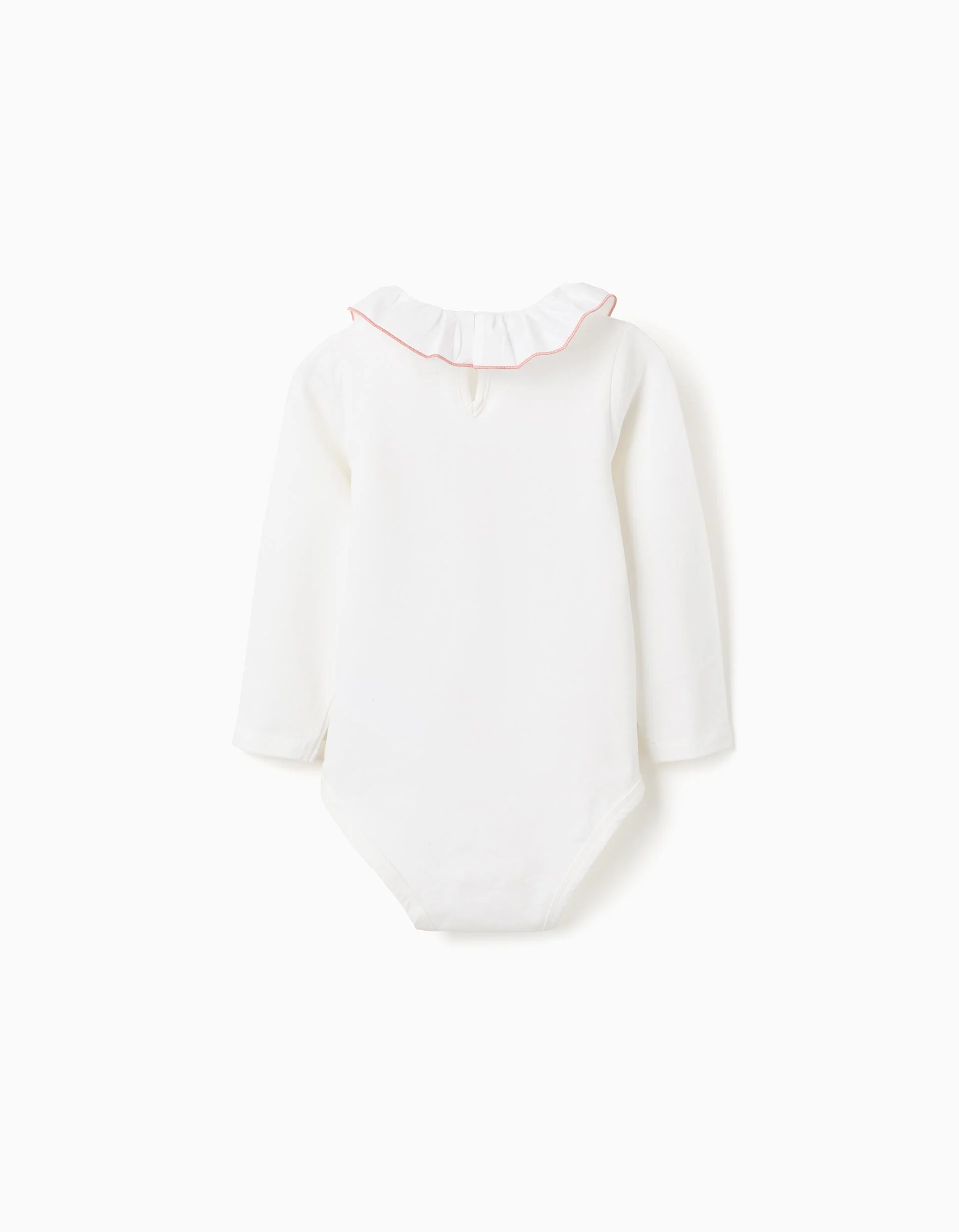 Long sleeve bodysuit with print and ruffled collar for baby girls, white