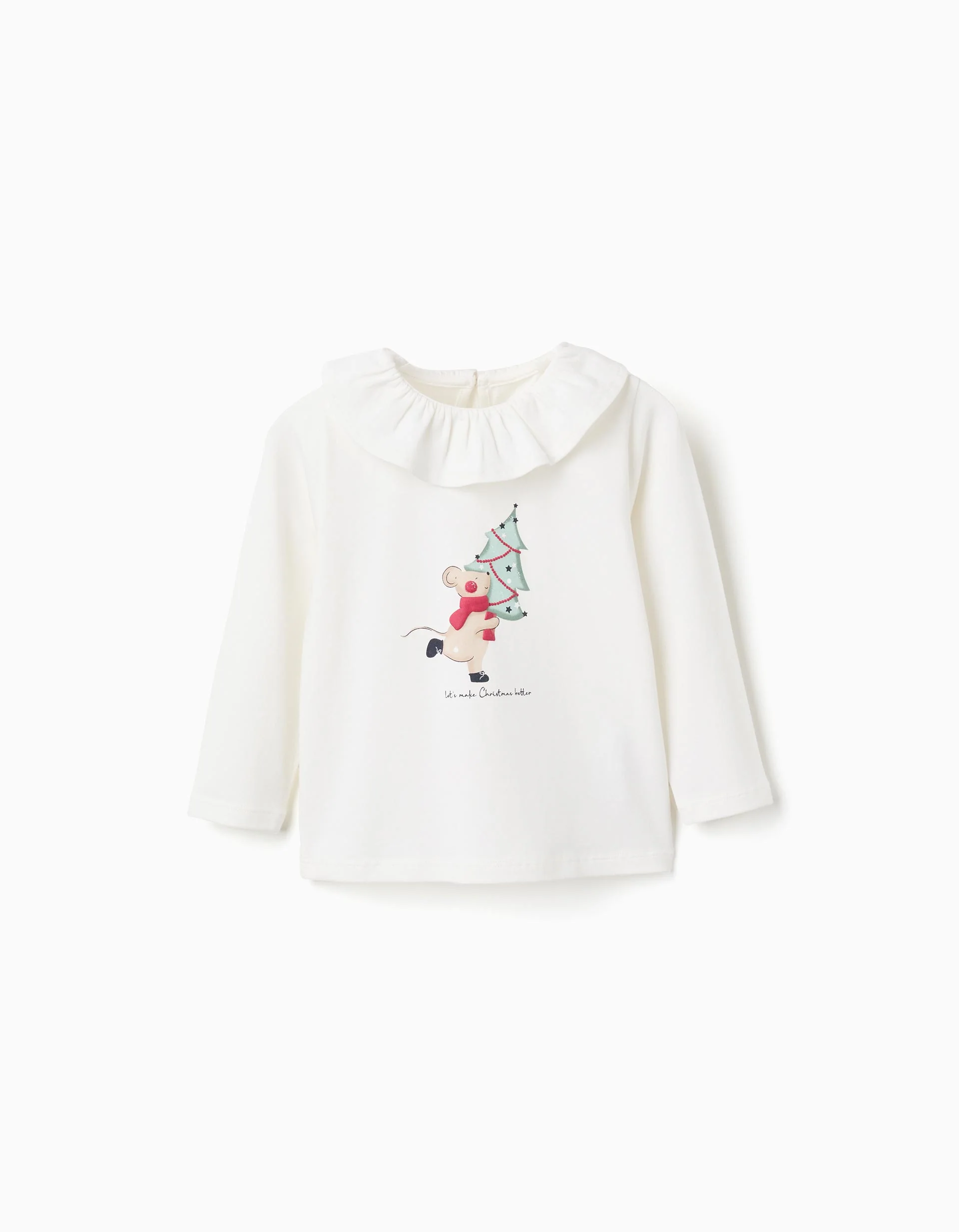 Long sleeve T-shirt with ruffle collar and print for baby girls, white