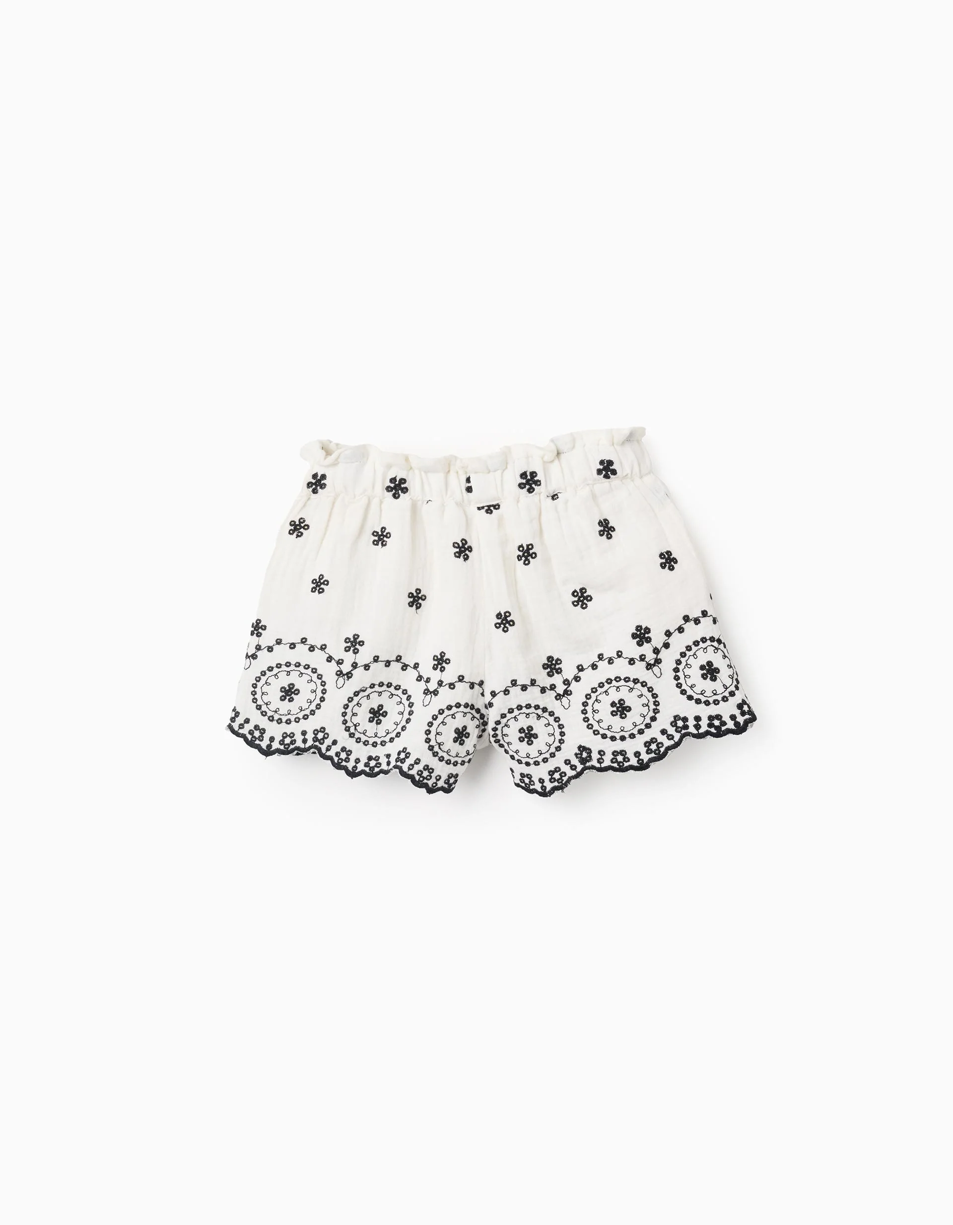 Cotton Bamboula Shorts with Embroidery for Baby Girls, White/Black