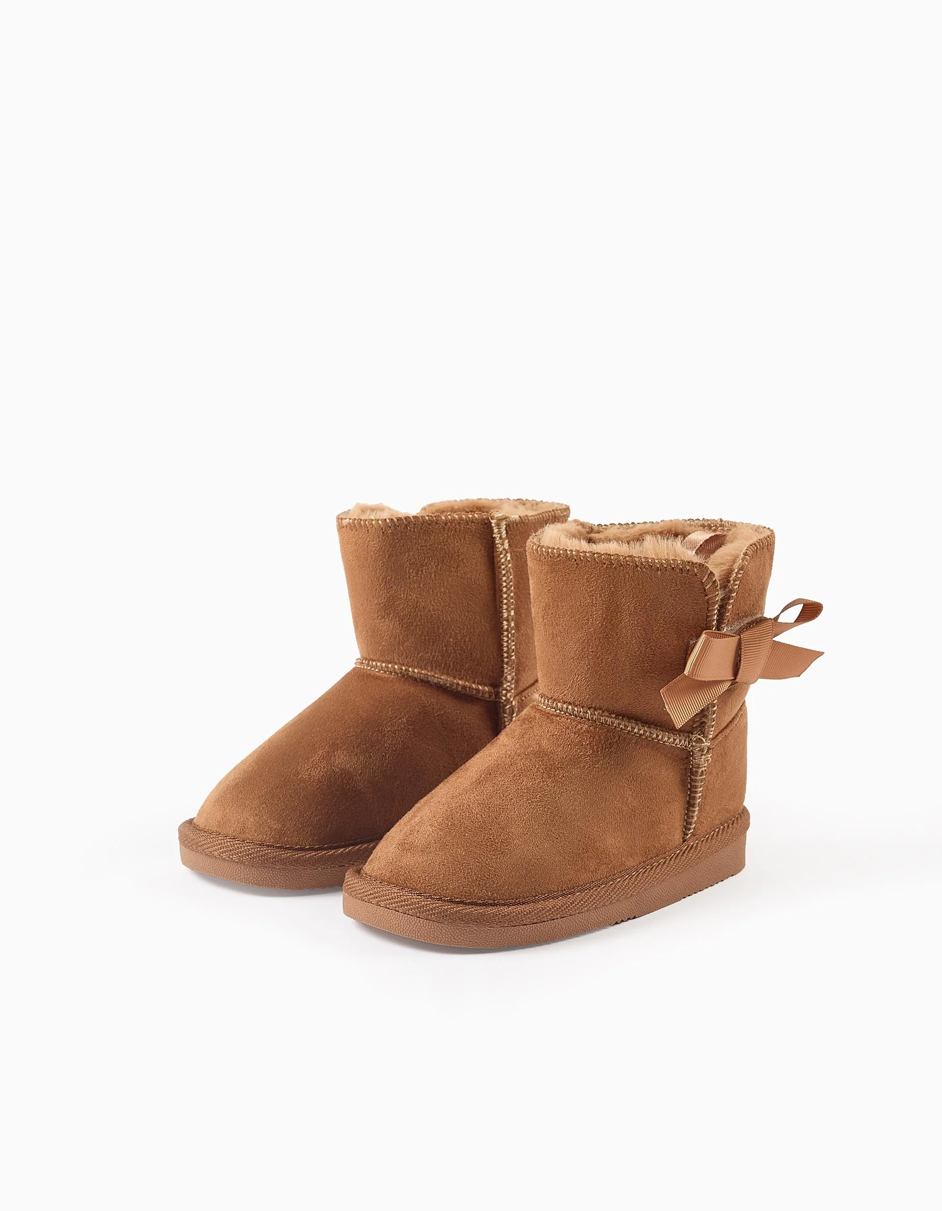 Boots with Touch-Fastener Bow and Furry Lining for Baby Girls, Camel