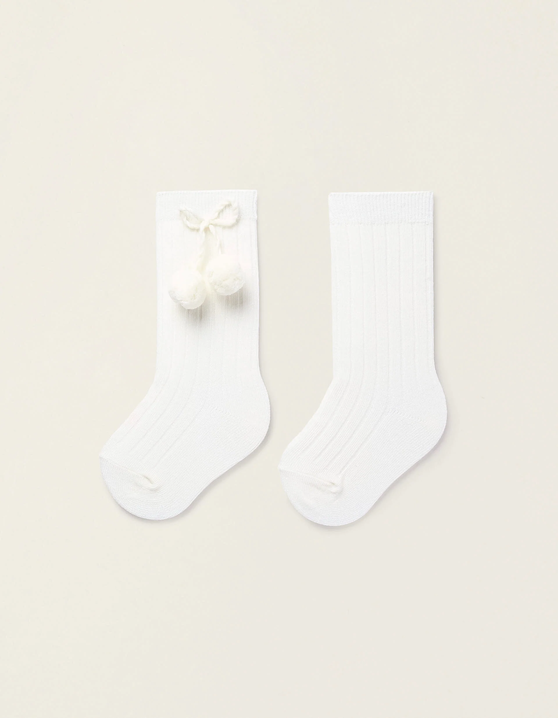 Ribbed Knee-High Socks with Pompoms for Baby Girls, White