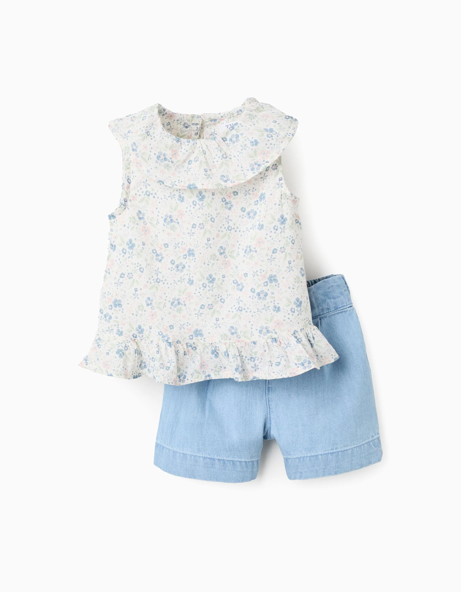 Floral Top + Cotton Denim Shorts for Baby Girls, White/Blue