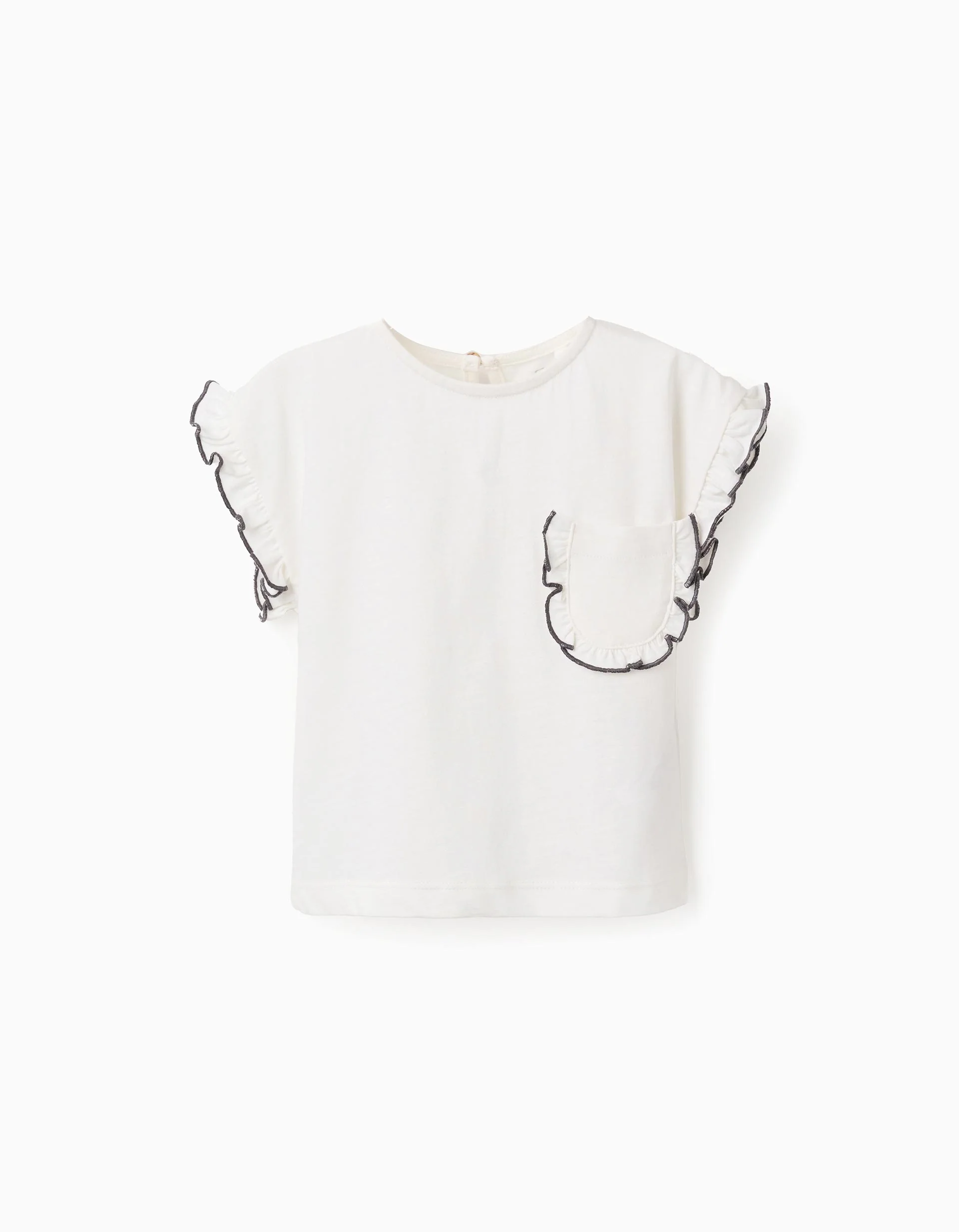 Cotton T-shirt with Ruffles and Pocket for Baby Girls, White/Grey