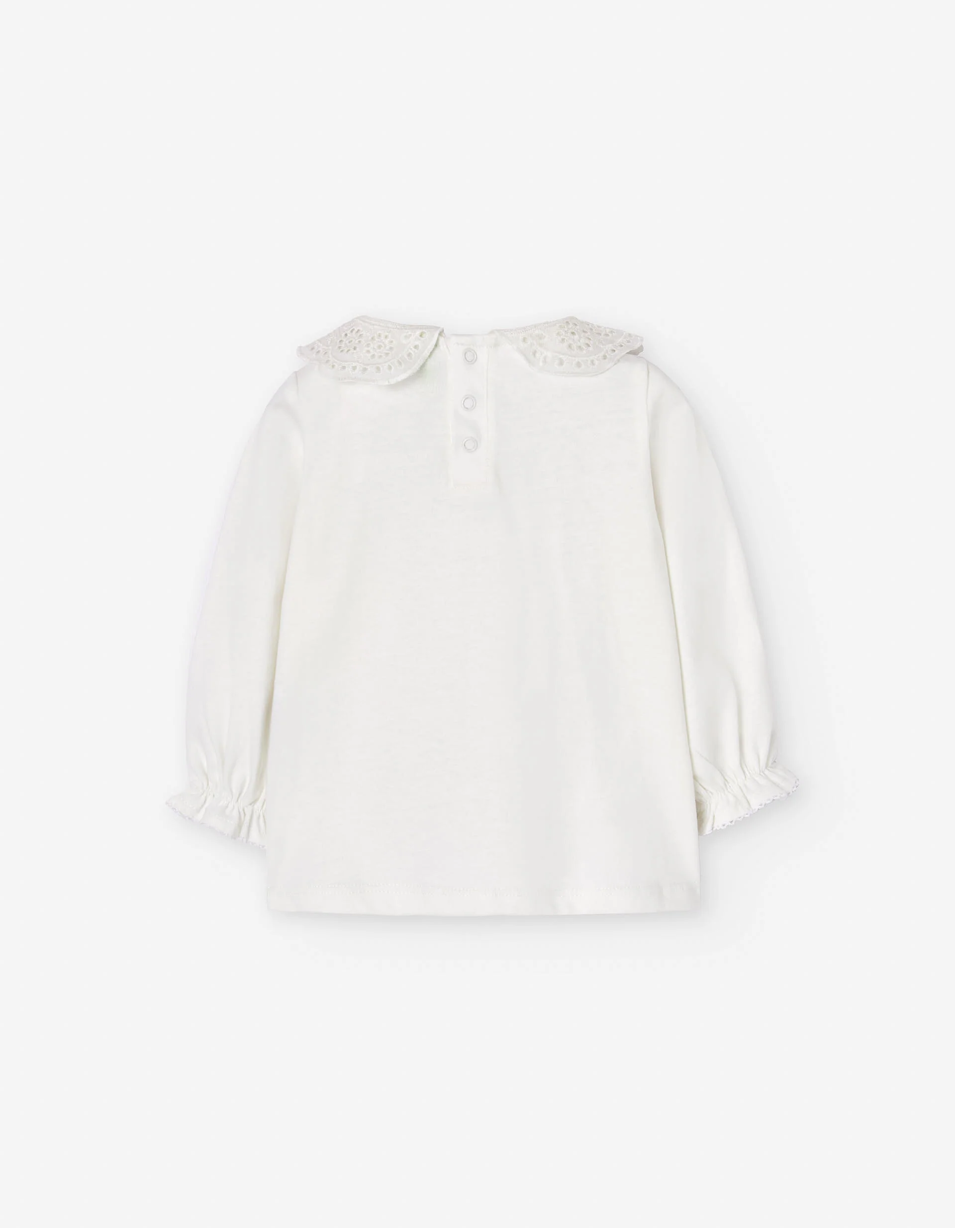 Cotton T-shirt with Swiss embroidery collar for baby girls, white