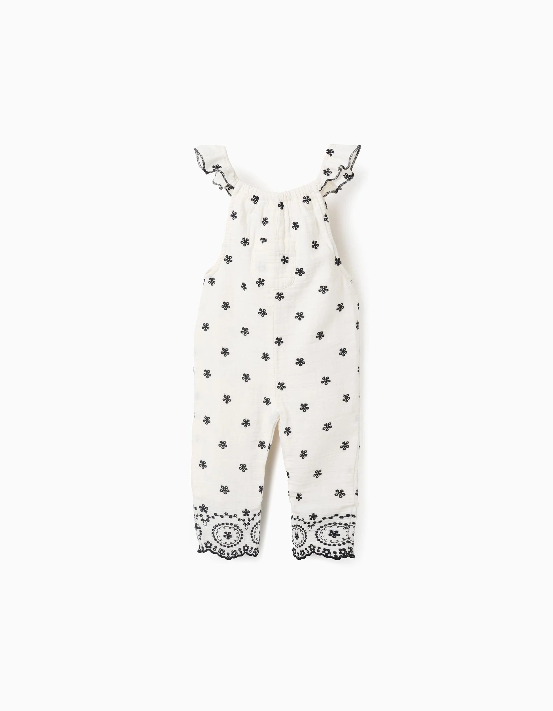 Cotton Bamboula Jumpsuit with Embroidery for Girls, White/Black
