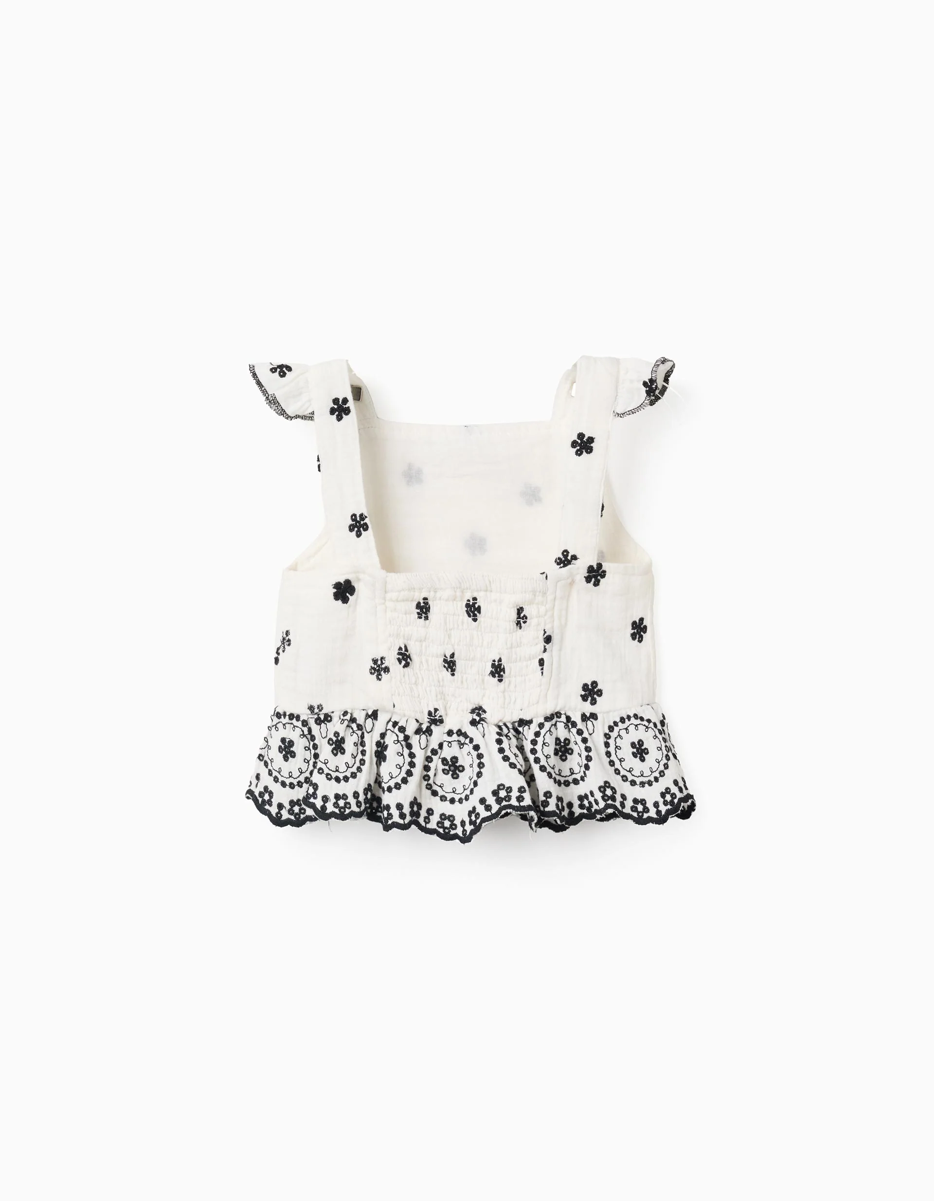 Cotton Bamboula Top with Embroidery for Baby Girls, White/Black