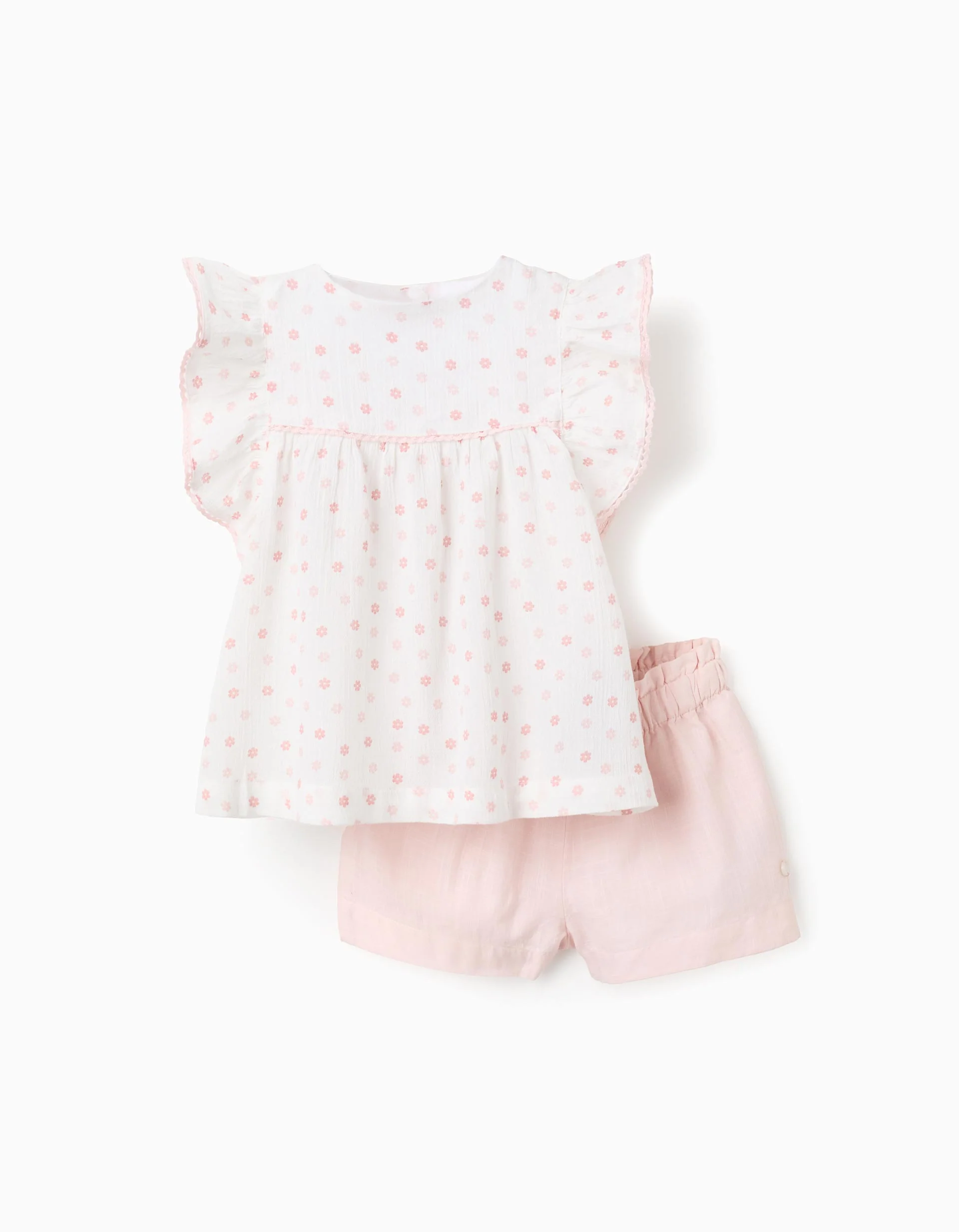 Floral Blouse + Cotton Shorts for Baby Girls, White/Pink