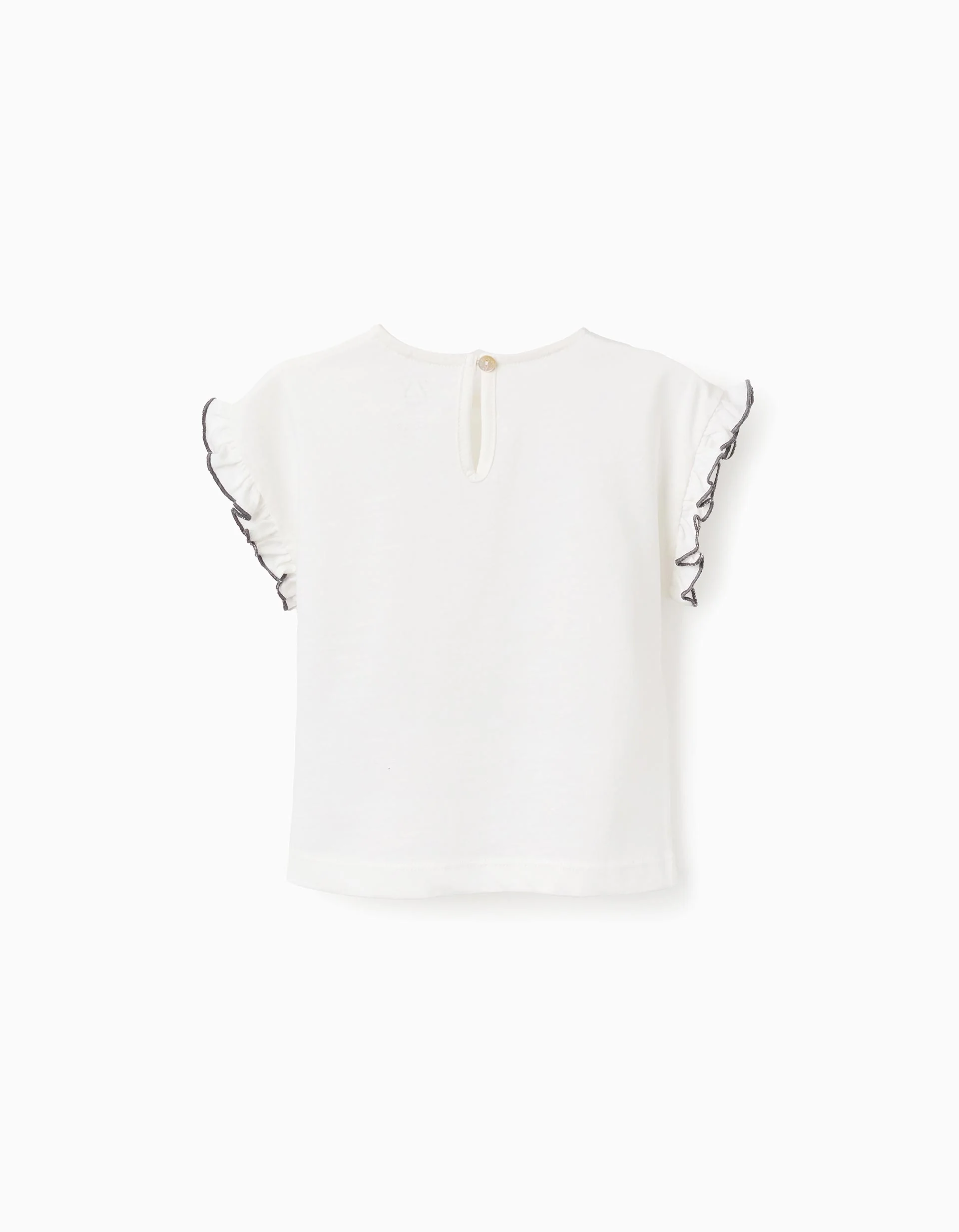 Cotton T-shirt with Ruffles and Pocket for Baby Girls, White/Grey