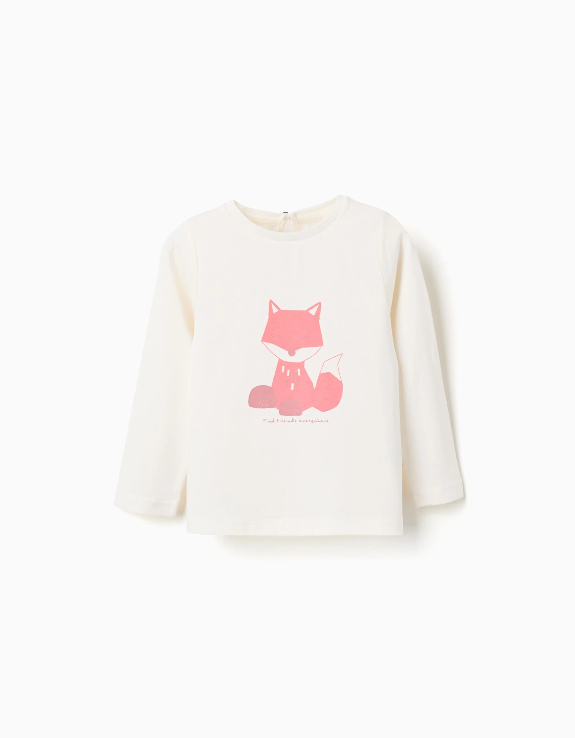 Long sleeve cotton T-shirt with fox print for baby girls, white