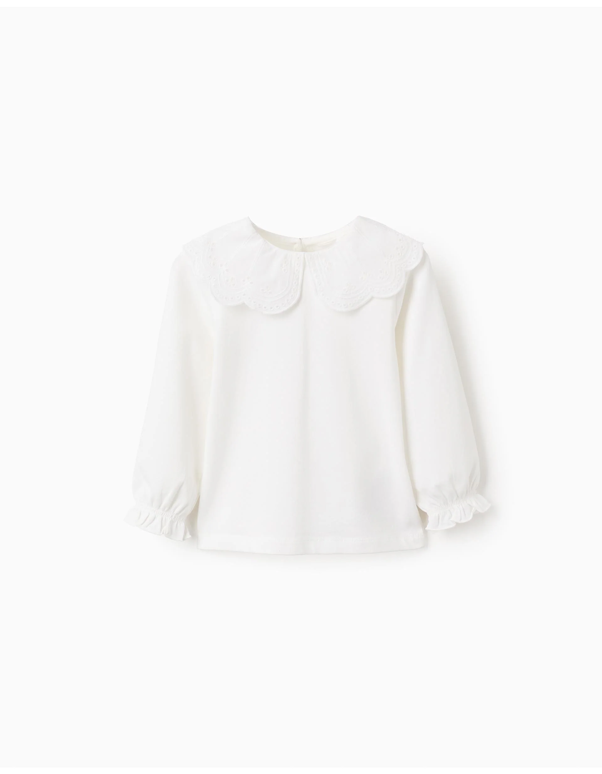 T-shirt with Broderie Anglaise Collar and Ruffles for Baby Girls, White