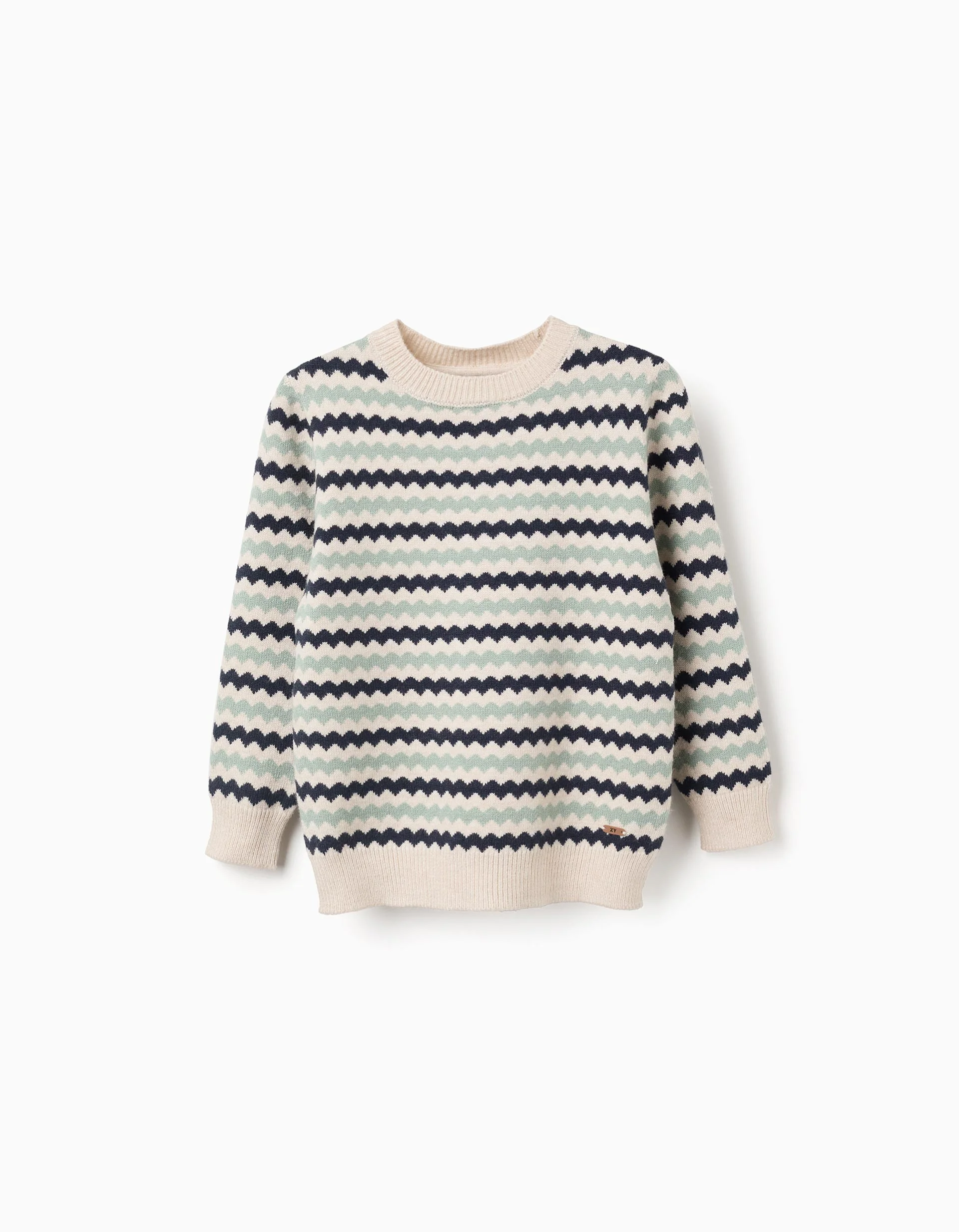 Knitted jumper with jacquard stripes B&S for boys, beige/blue/green