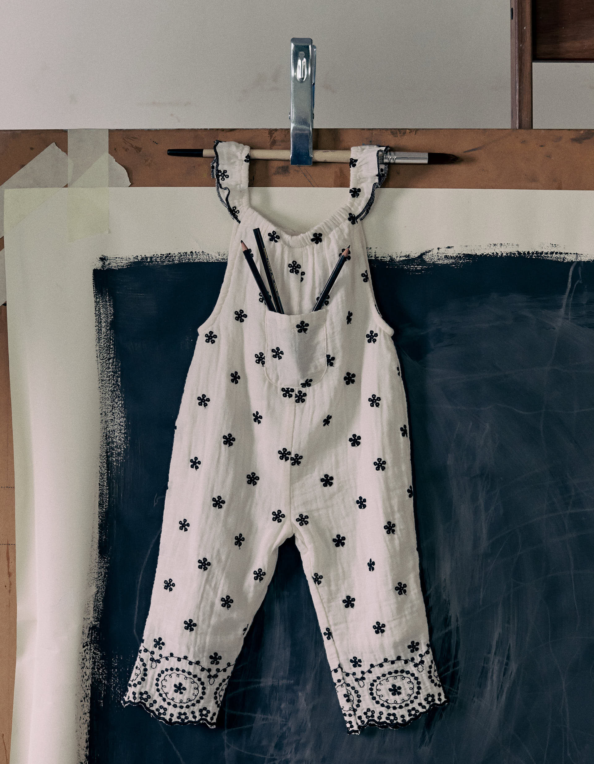 Cotton Bamboula Jumpsuit with Embroidery for Girls, White/Black