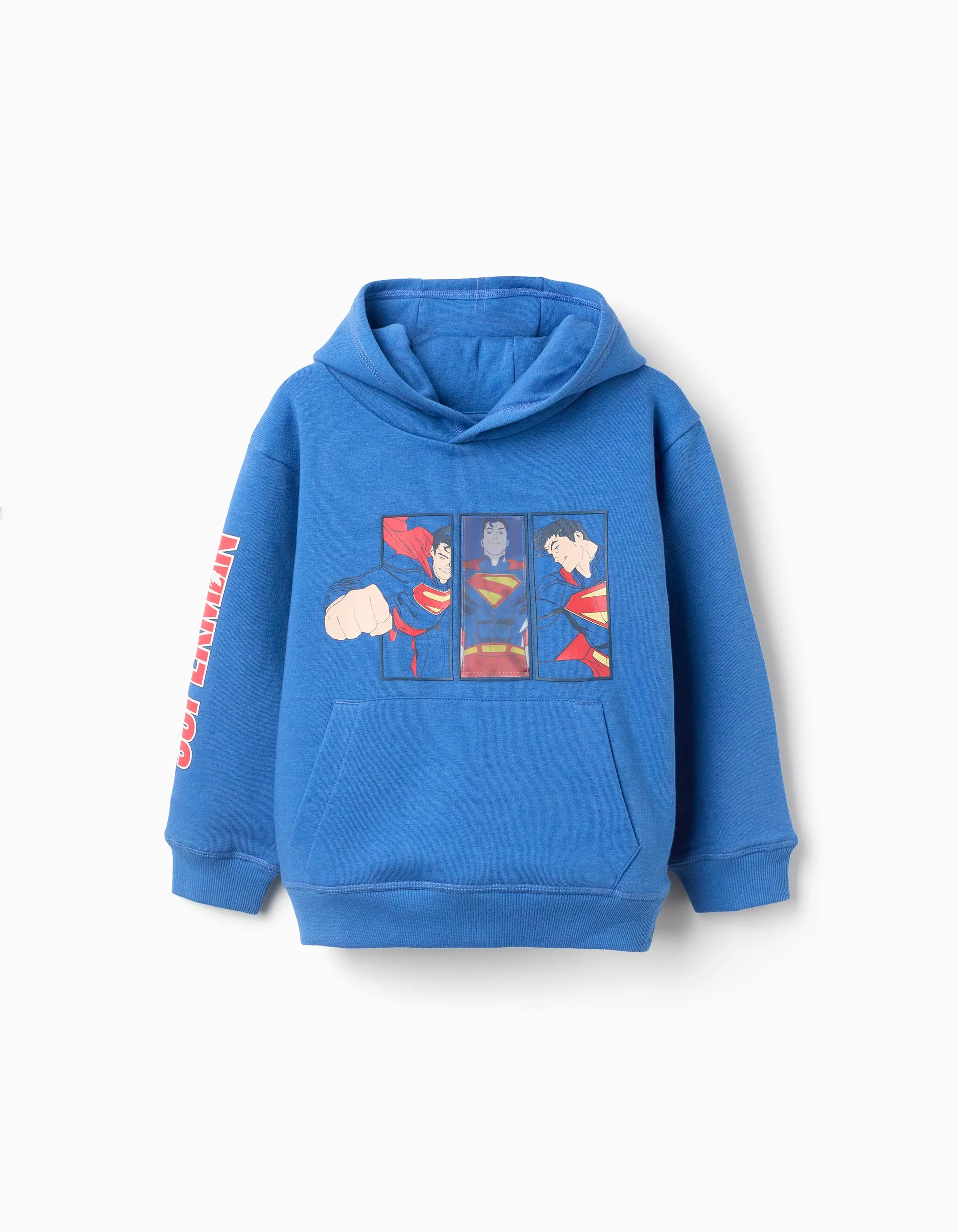 Cotton Brushed Hooded Sweatshirt with Superman Print for Boys, Blue
