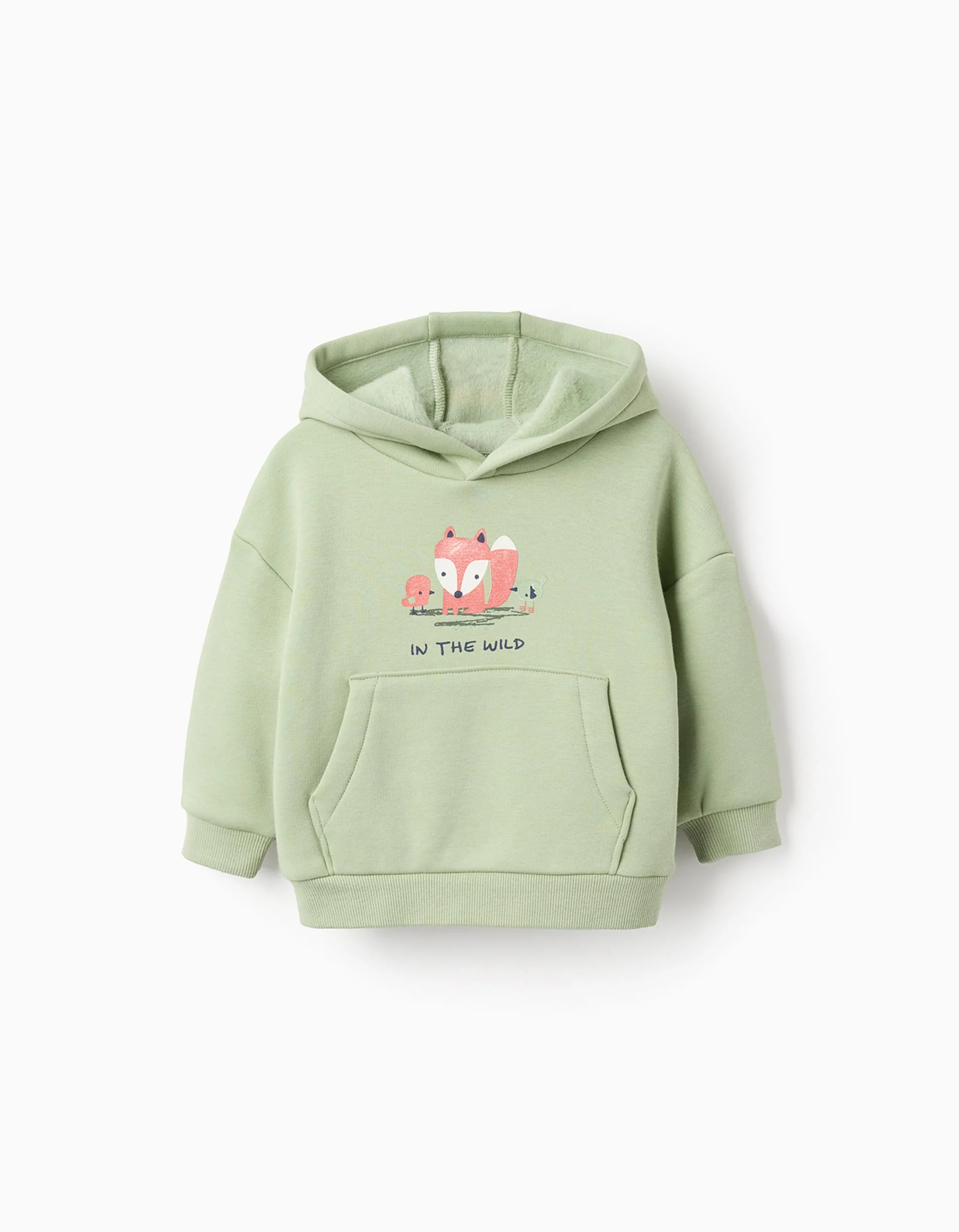 Brushed hooded sweatshirt with fox print for baby boys, light green