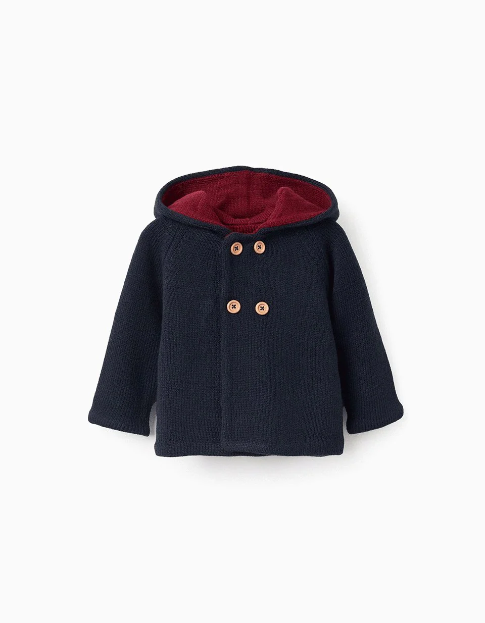 Reversible knitted jacket with hood for newborn boys, blue/red