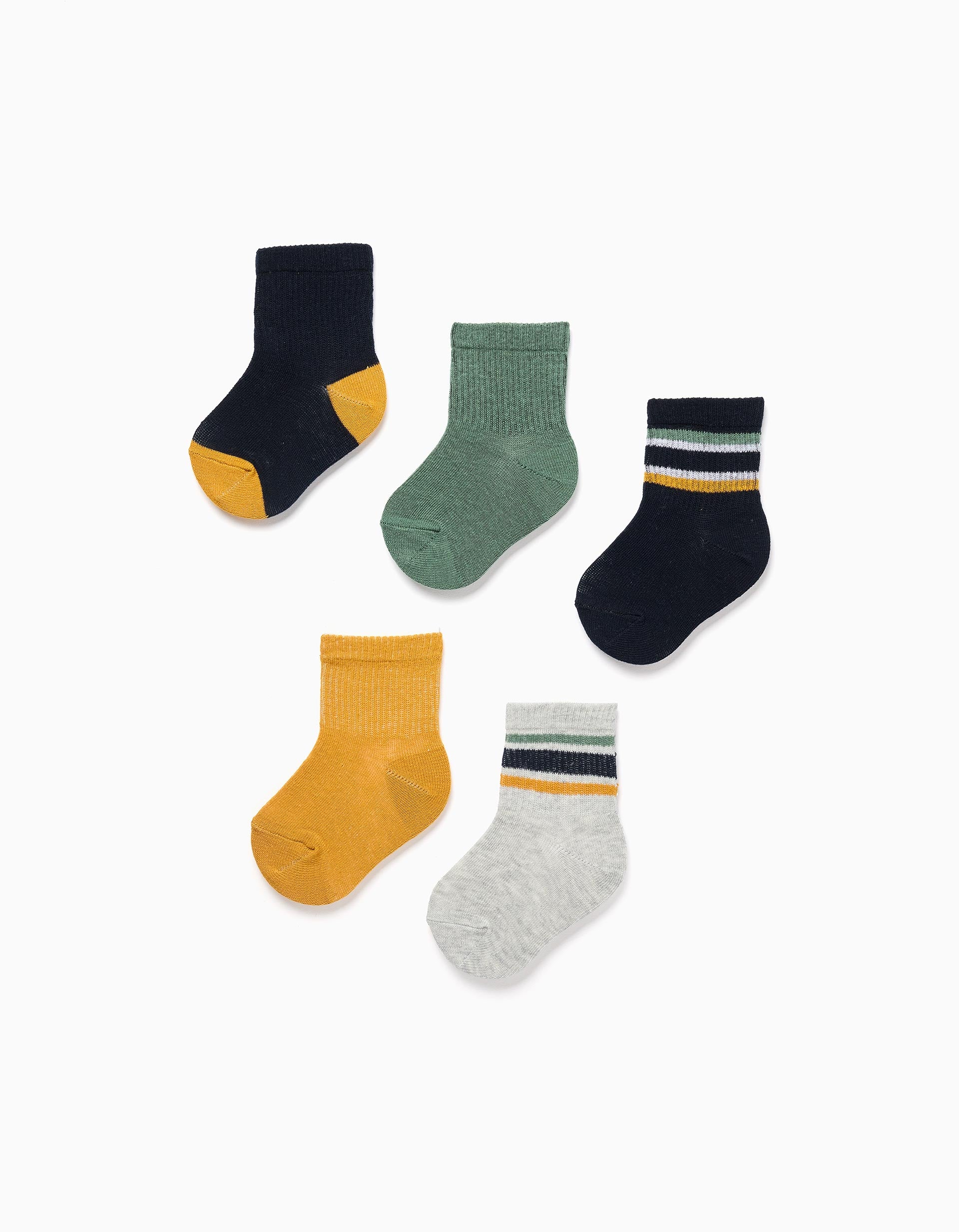Pack of 5 Pairs of Plain/Striped Socks for Baby Boys, Multicolour