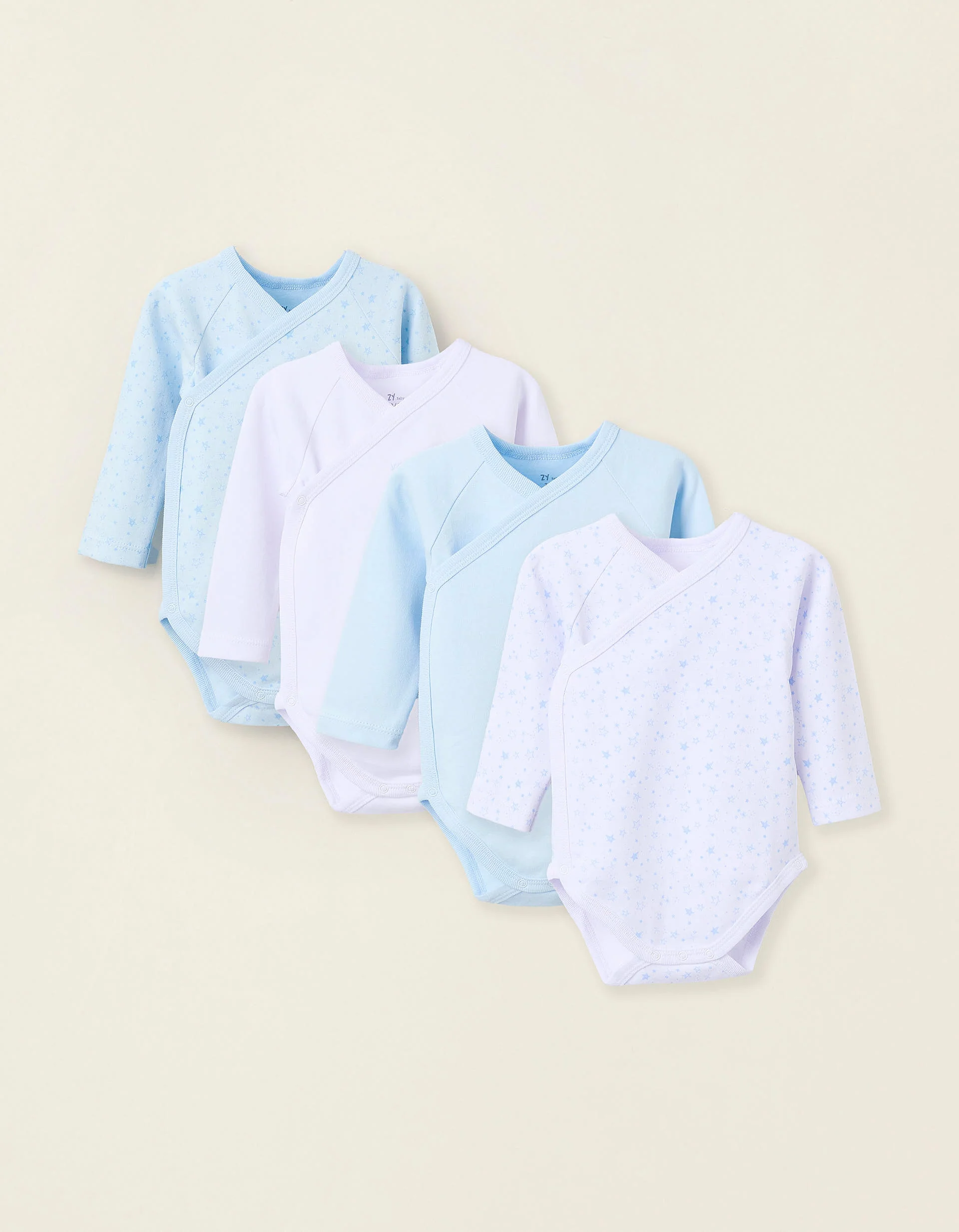 Pack of 4 Cotton Wrapover Bodysuits for Newborns and Babies 'Stars', White/Blue