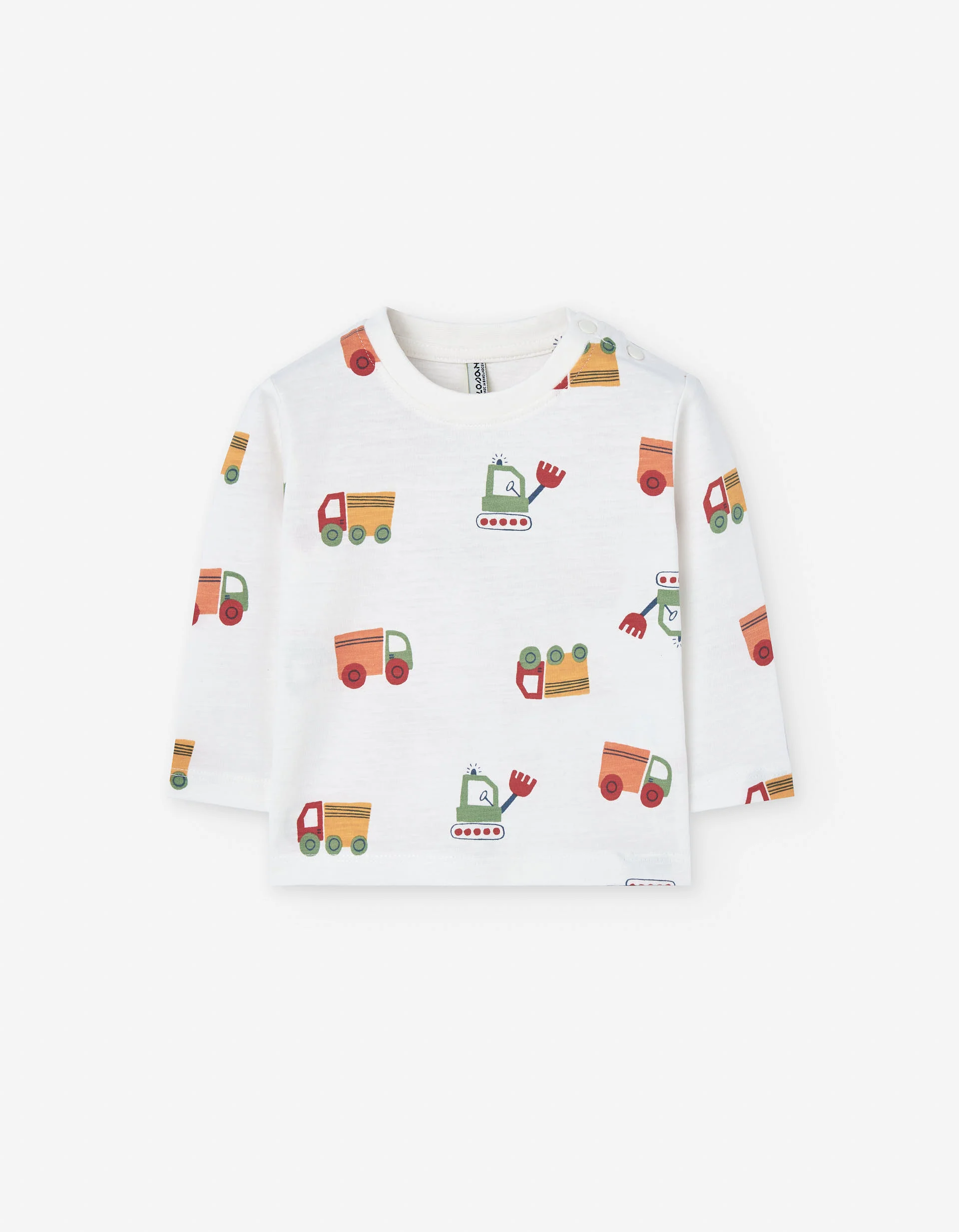 Long sleeve slub cotton T-shirt with vehicles print for baby boys, white