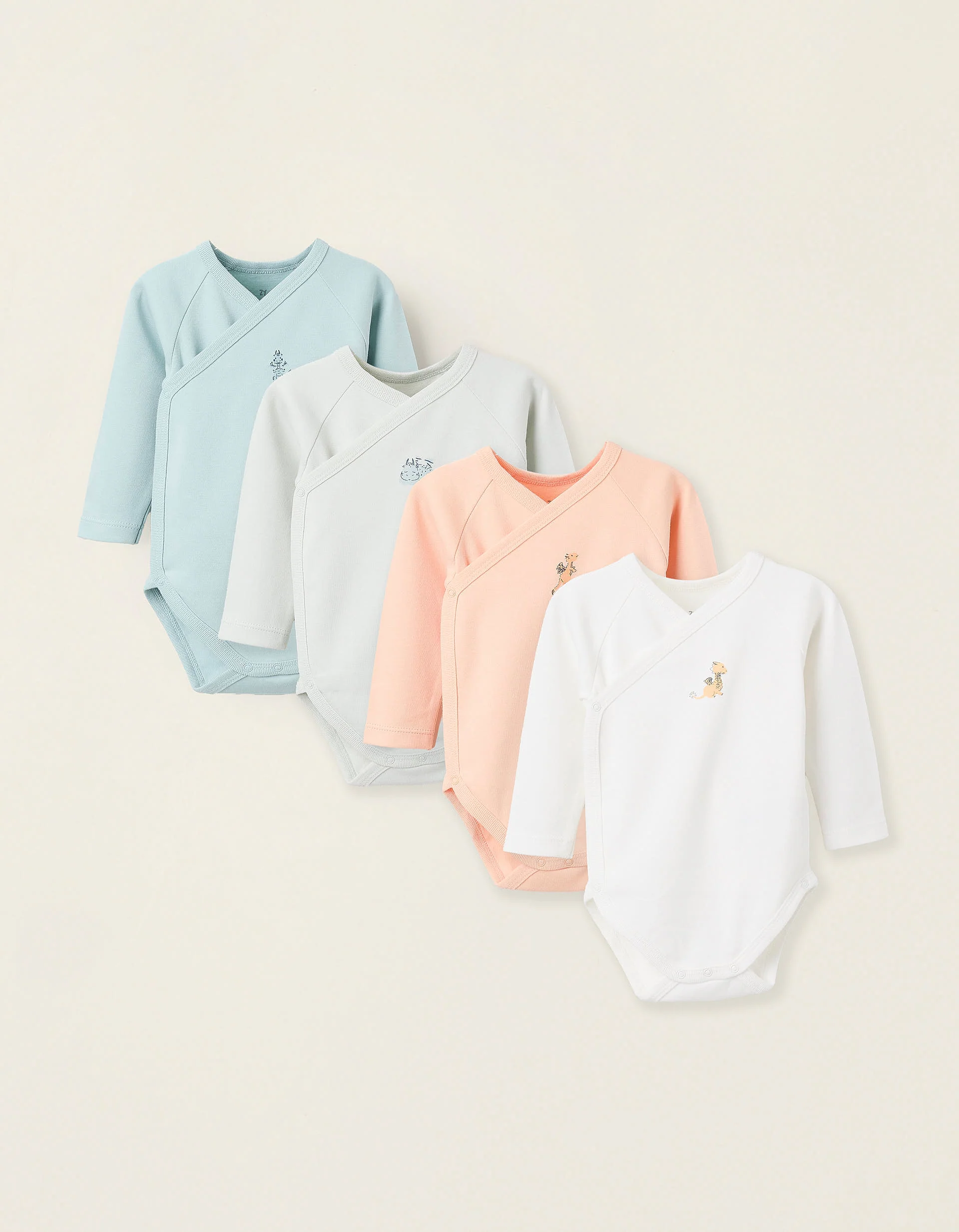 Pack of 4 Cotton Wrapover Bodysuits for Newborns and Babies 'Dragon', White/Blue/Multicolour