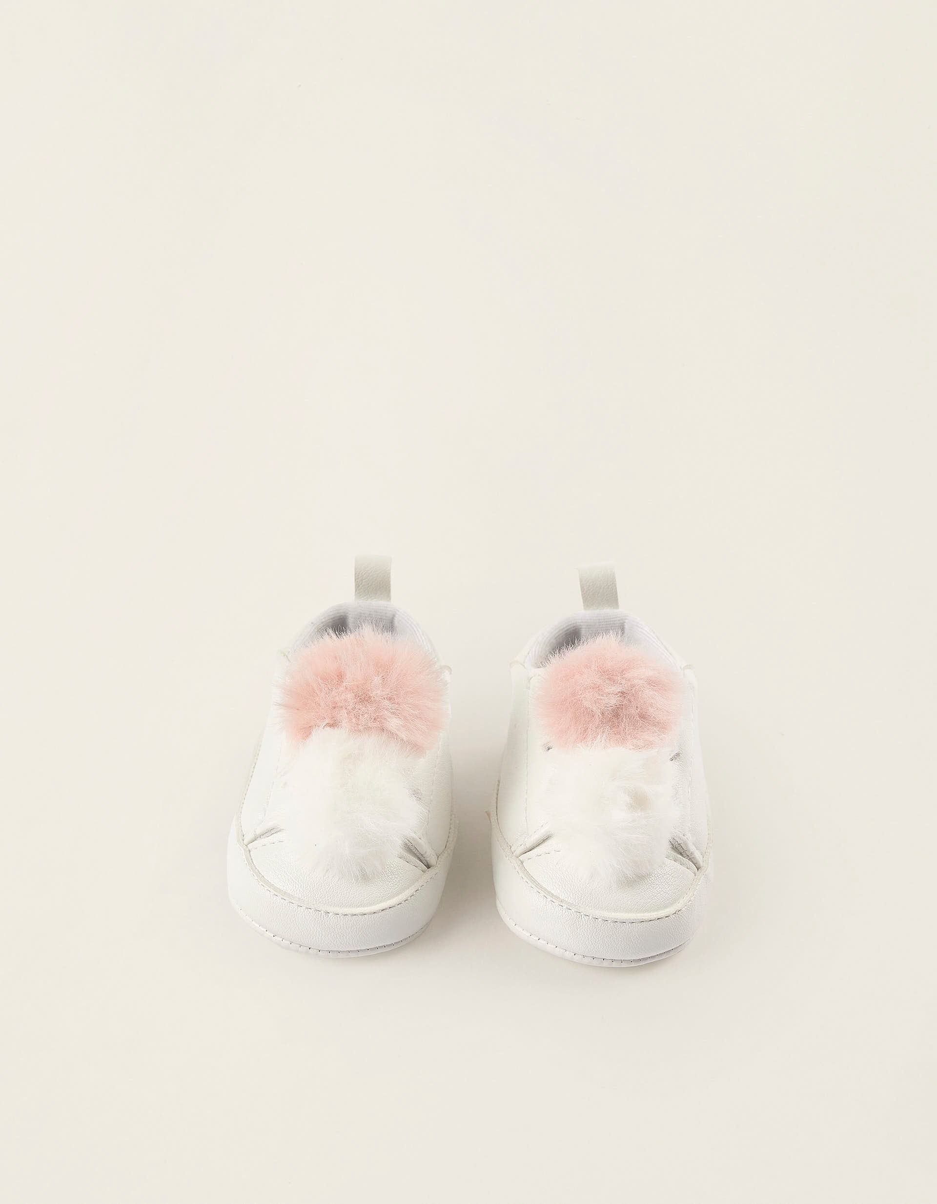 Trainers with Pompons for Newborn Girls, White/Pink