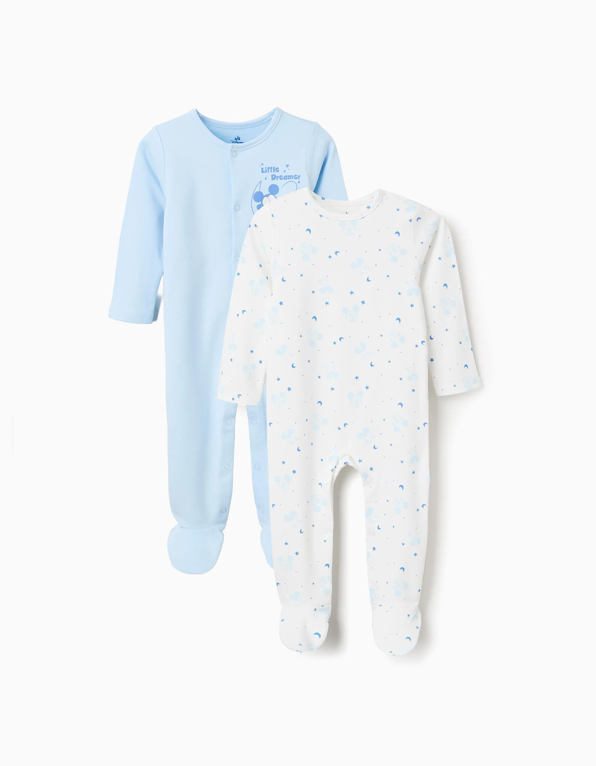 2 cotton babygrows with Mickey for newborn and baby boys, blue/white