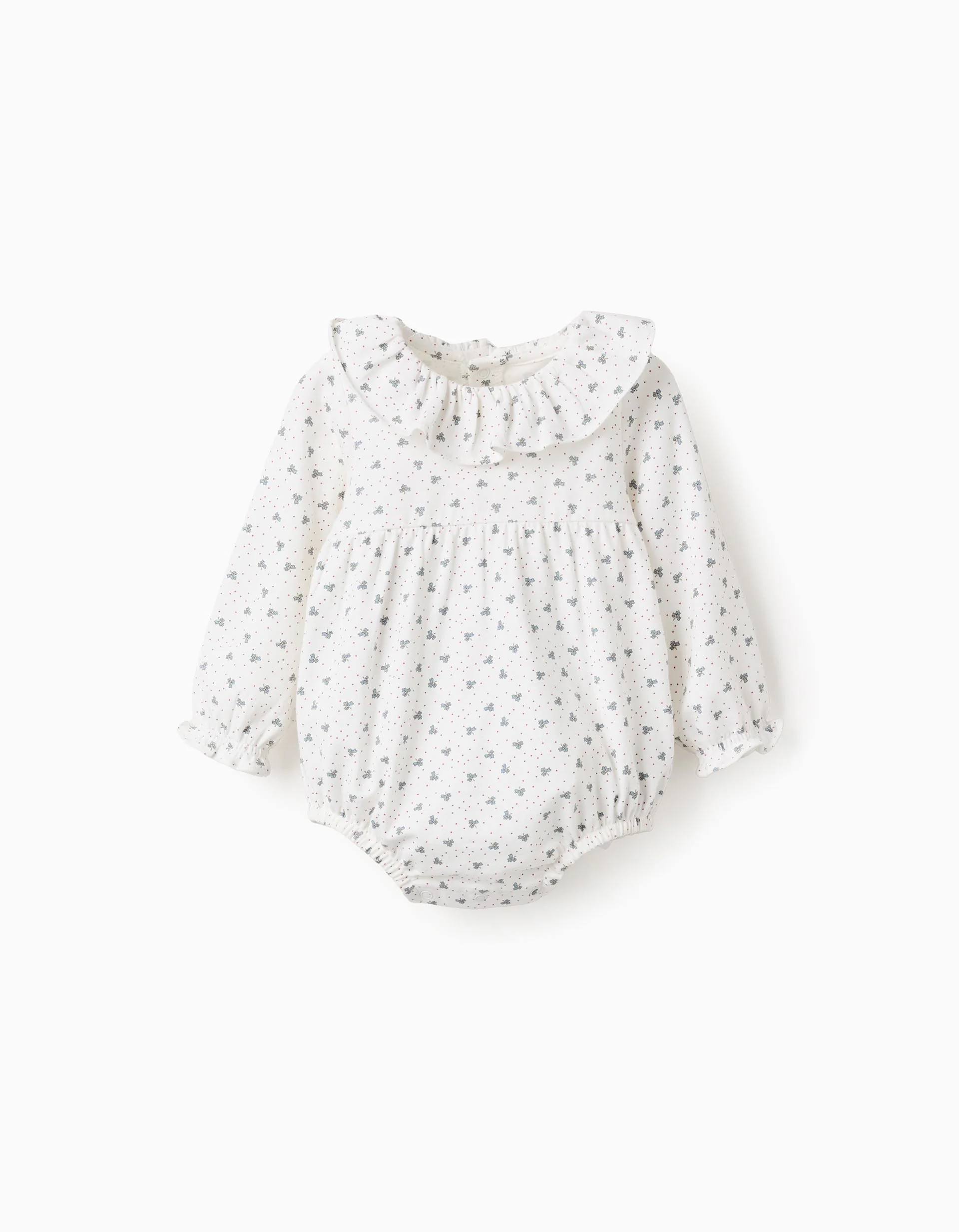 Bodysuit with Leaf Motif and Ruffle Collar for Newborn Girls, White