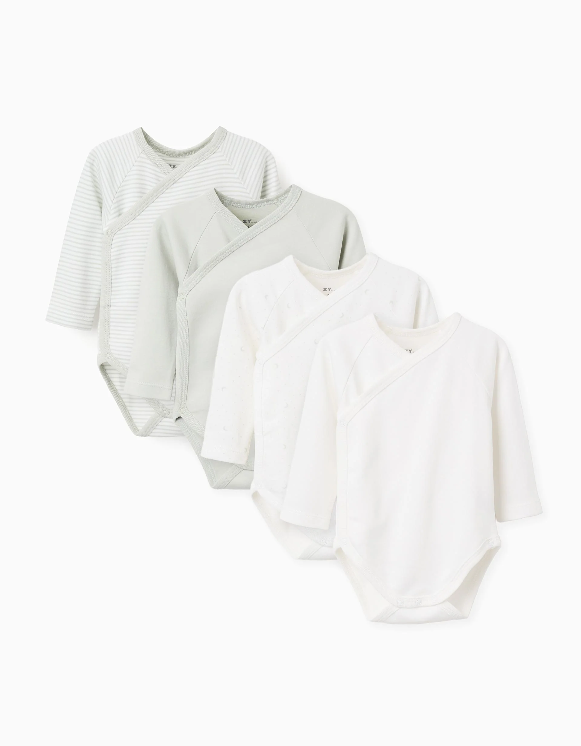 Pack of 4 wrapover cotton bodysuits for newborn boys, white/green