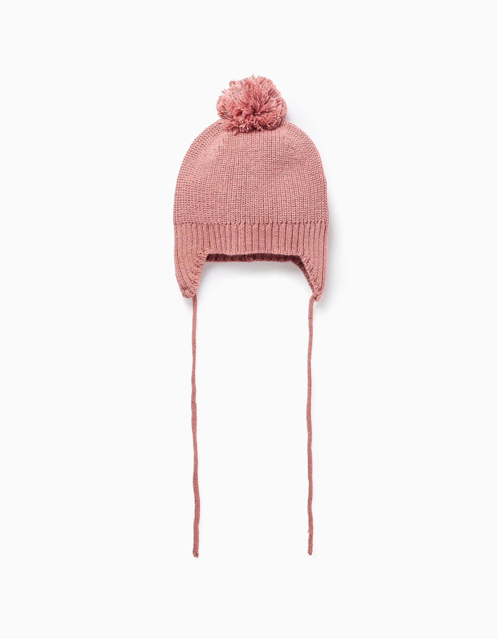 Knitted beanie with side straps and pompom for newborn girls, pink
