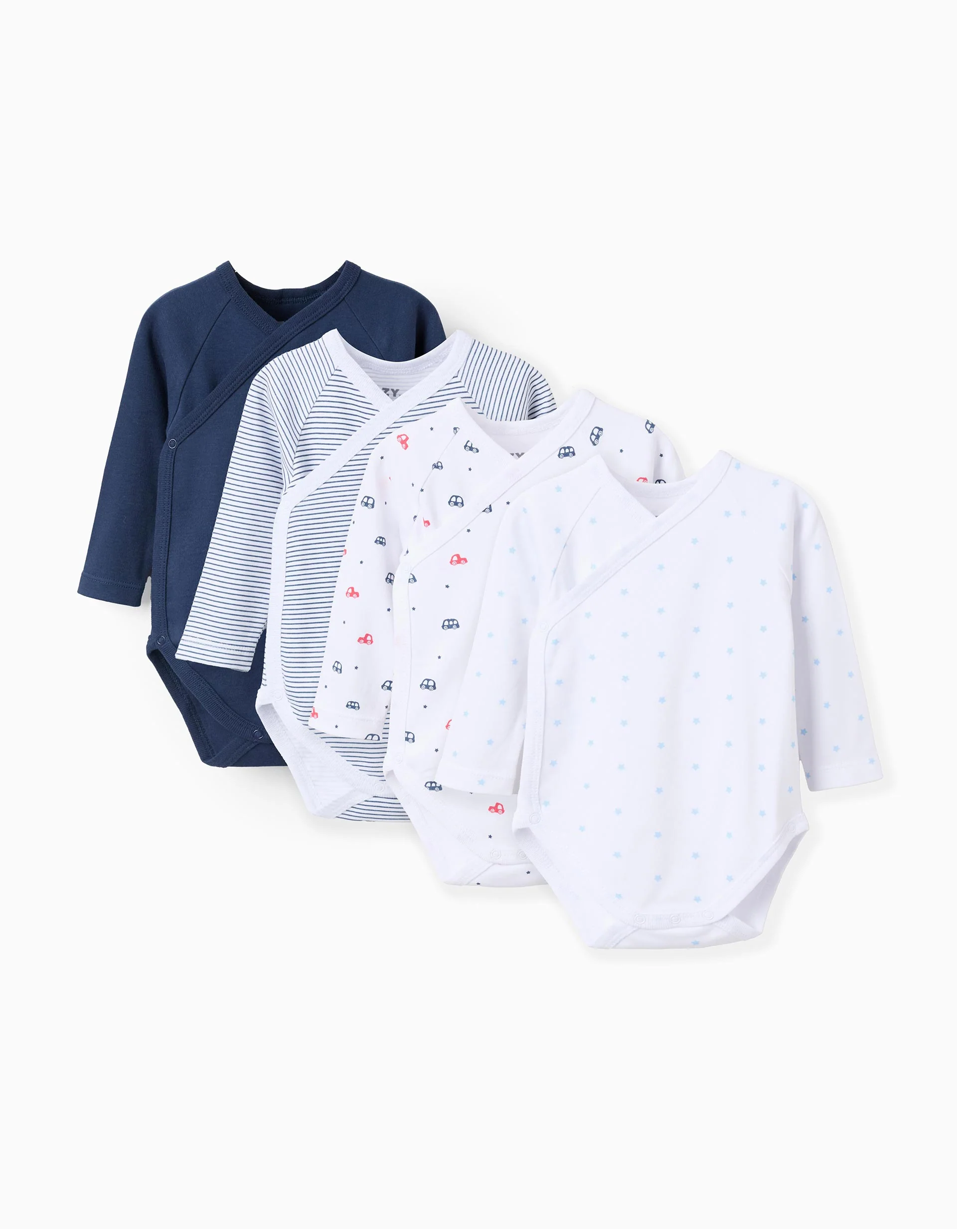Pack of 4 Cotton Wrapover Bodysuits for Baby Boys 'Cars', White/Dark Blue