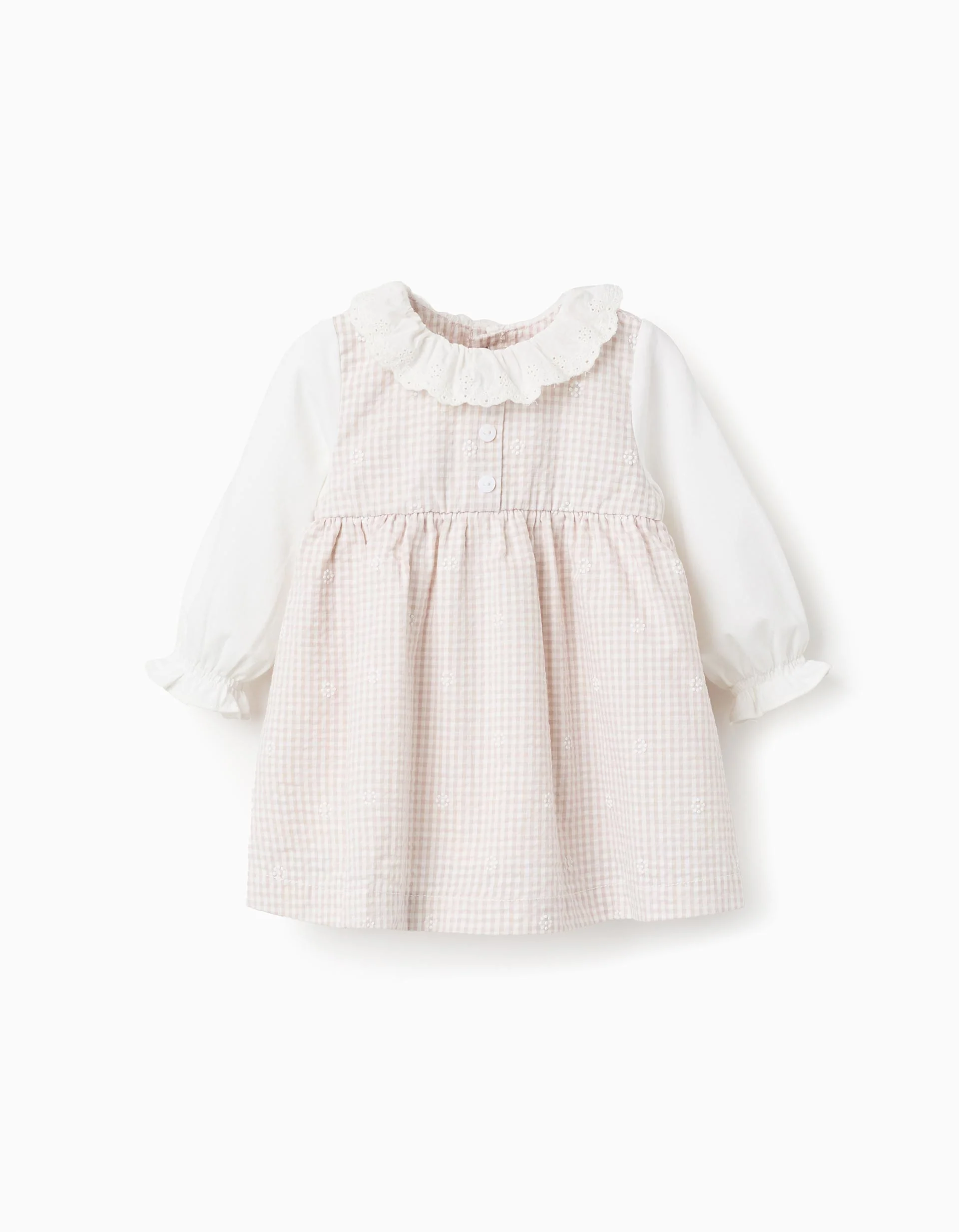 Long sleeve cotton dress with Vichy for newborn girls, white/beige