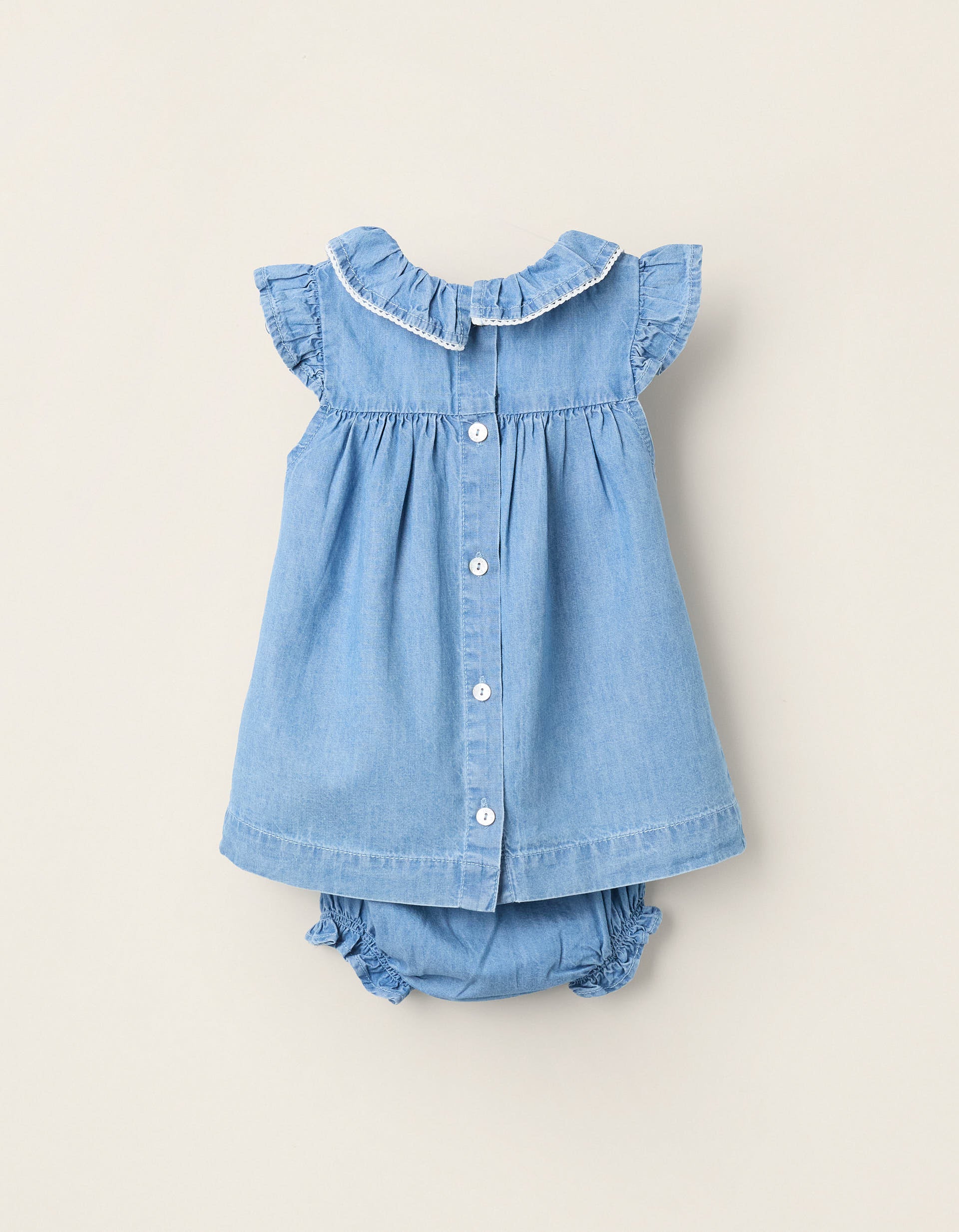 Dress + Bloomers in Denim with Ruffles for Newborn Girls, Blue