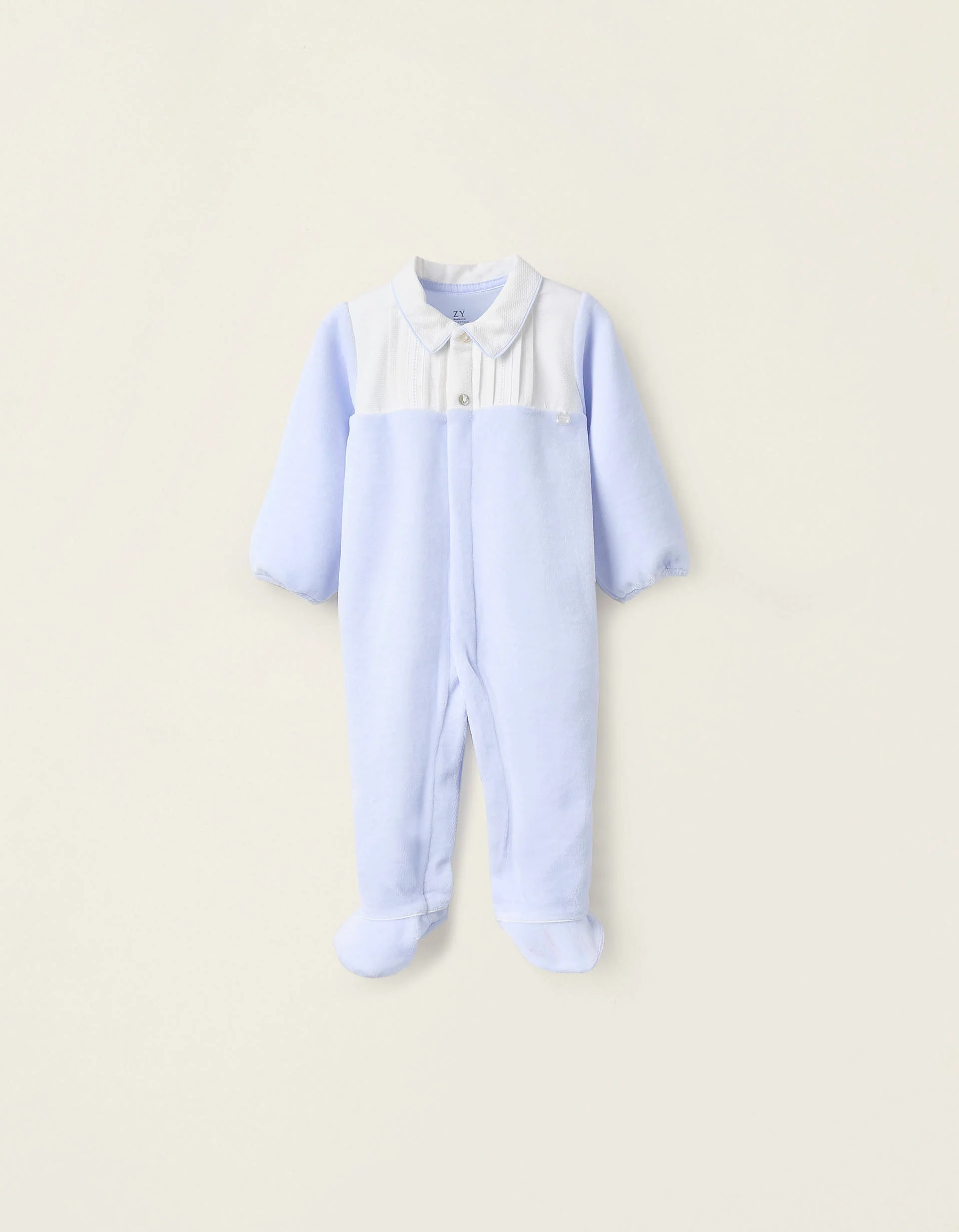 Velours Sleepsuit with Pleated Detail for Newborns, Blue