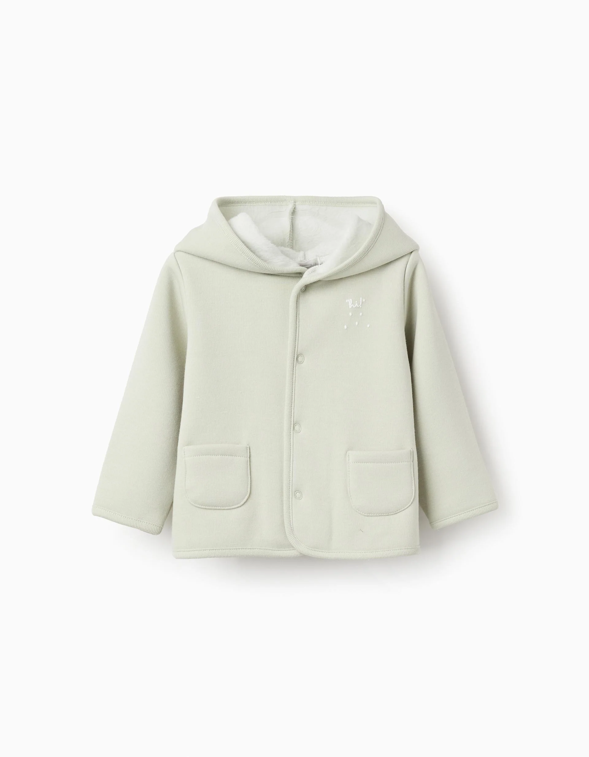 Hooded jacket with plush lining for newborn boys, light green