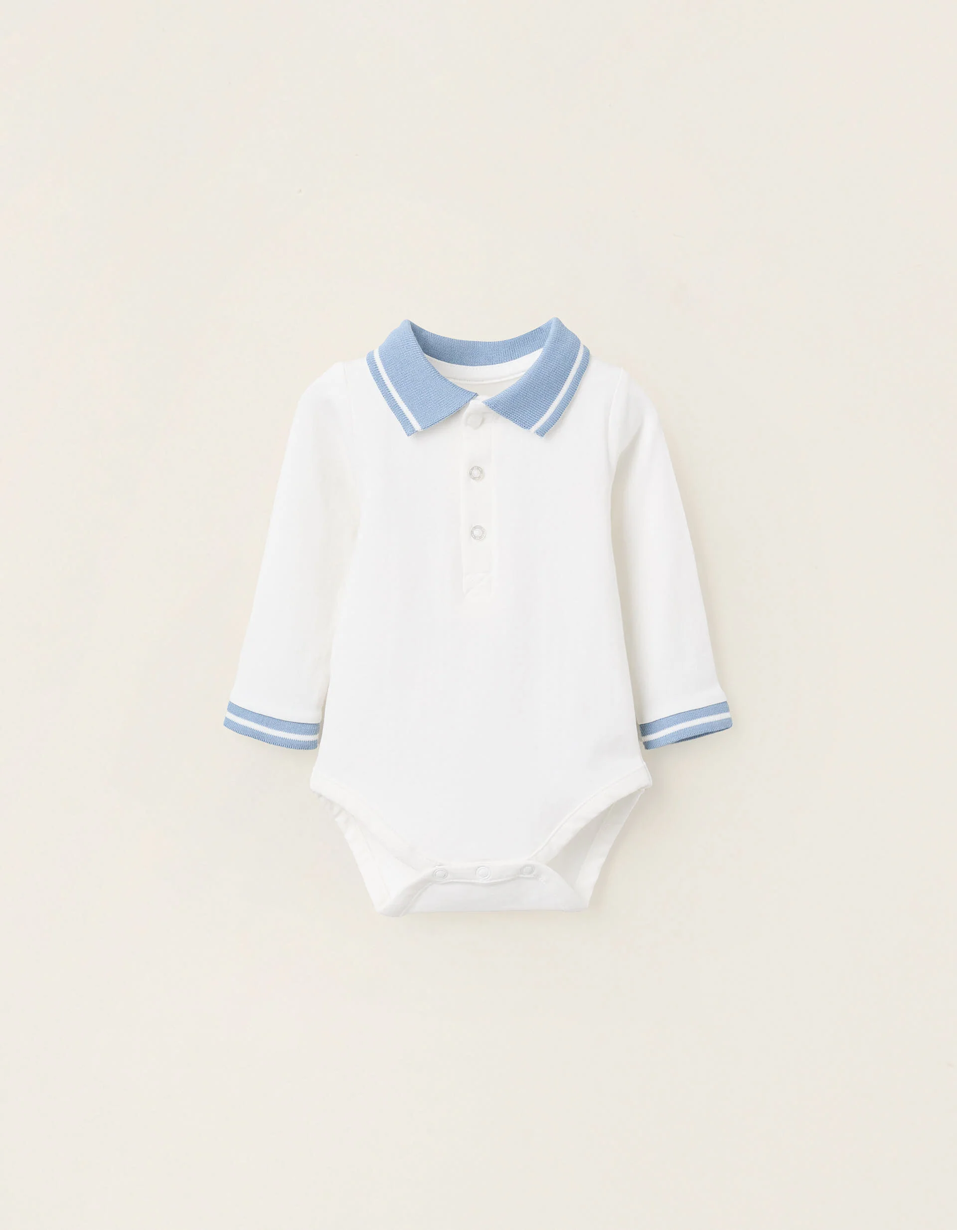 Stretch Cotton Polo-bodysuit for Newborns, White/Blue