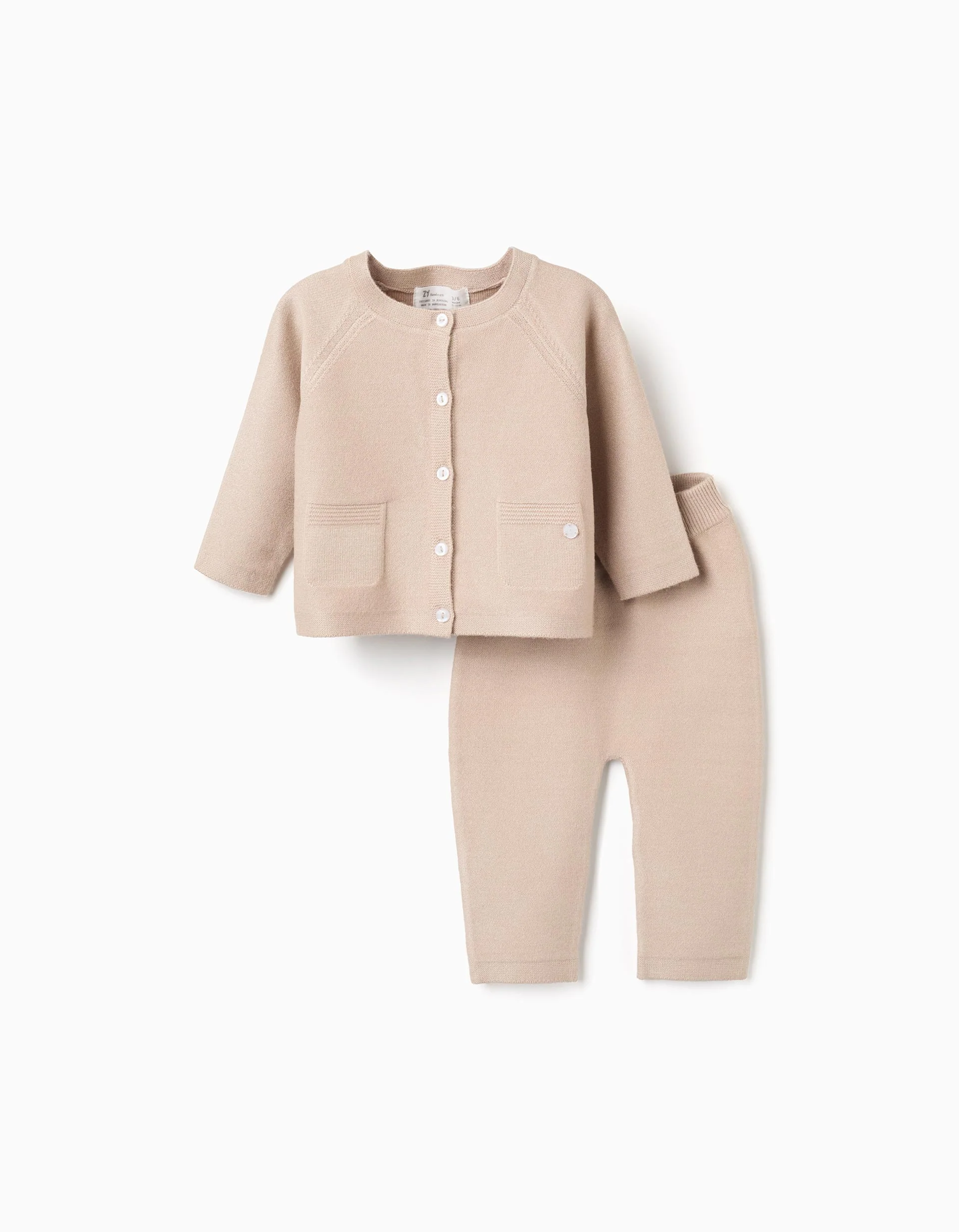 Set of knitted jacket and trousers for newborn girls, beige